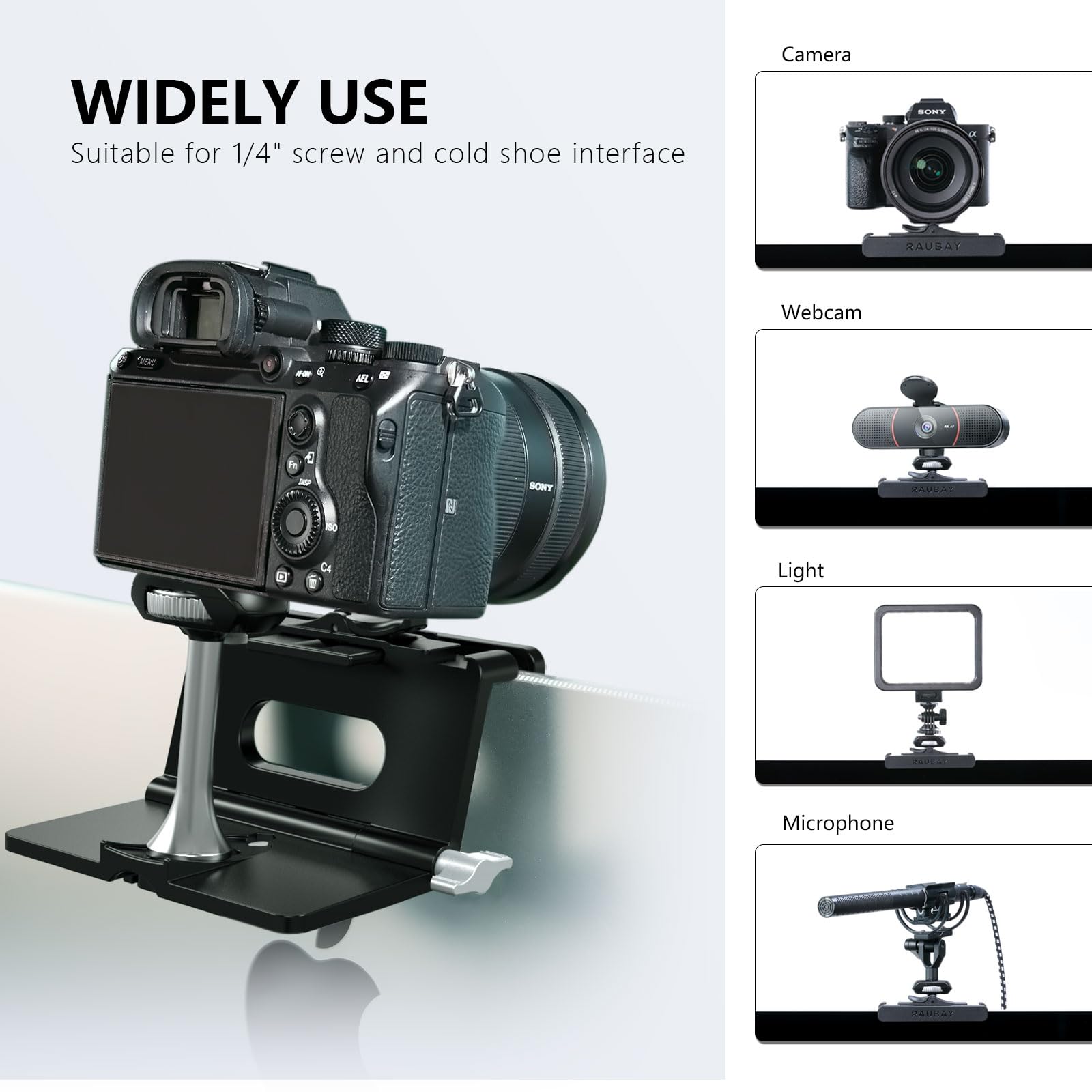 RAUBAY Supporto per fotocamera per monitor, morsetto per webcam da appendere con vite da 1/4", supporto superiore per monitor MILC per live streaming, ecc. Compatibile con monitor curvi, larghezza