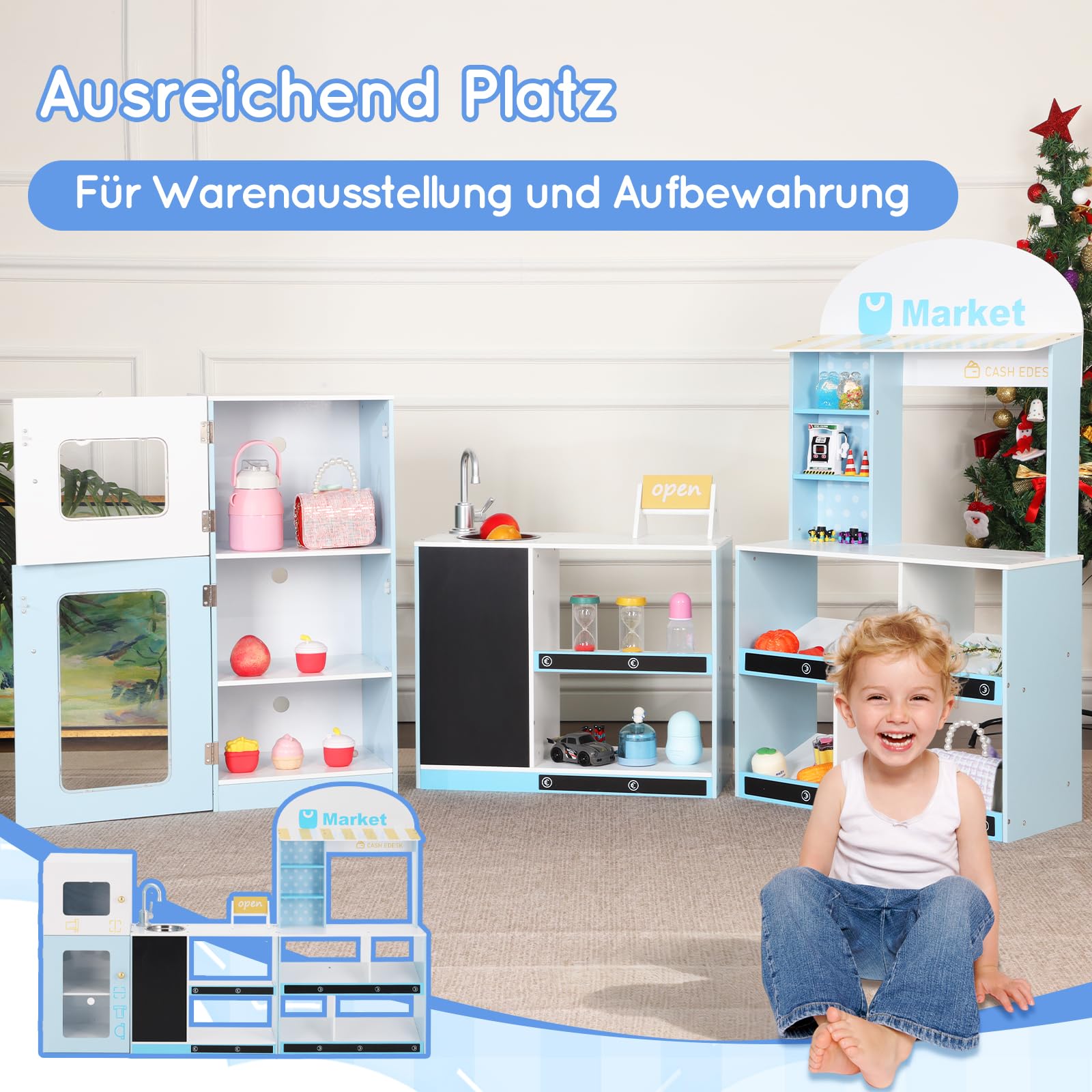 Kaufladen, Kinder Supermarkt mit Kreidetafel und Theke, Kaufmannsladen, Verkaufsstand, Spielzeugsupermarkt, Einkaufsladen, ab 3 Jahren