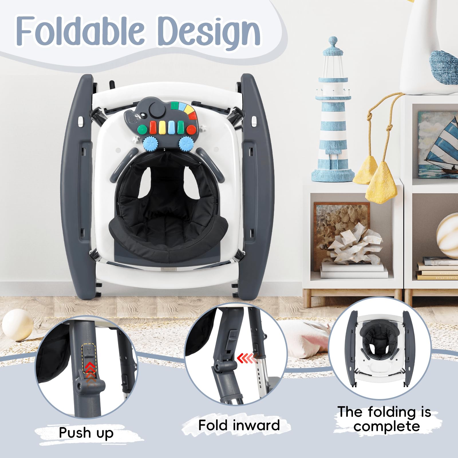 5 in 1 Baby Walker Foldable Music and Lights with 5 Adjustable Heights, Baby Walker with Wheels Portable, Infant Toddler Walker for Baby Boy Girls 6-18 Months (D-Grey) - 5