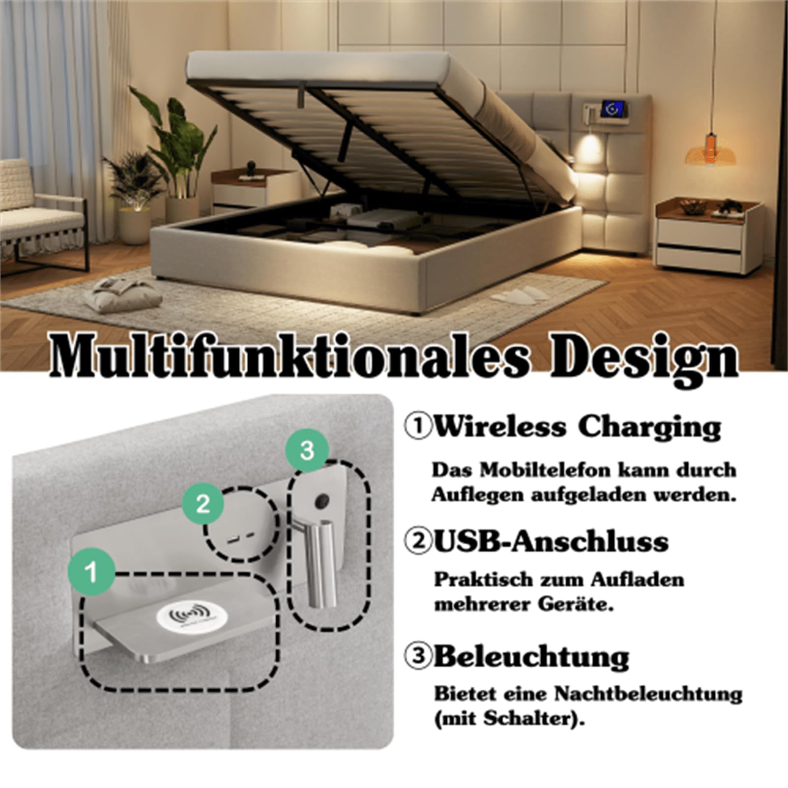 Letto imbottito 180x200 cm con porta USB e ricarica wireless e lampada illuminata letto matrimoniale king size per adulti letto idraulico letto familiare PU letto per gli ospiti grigio