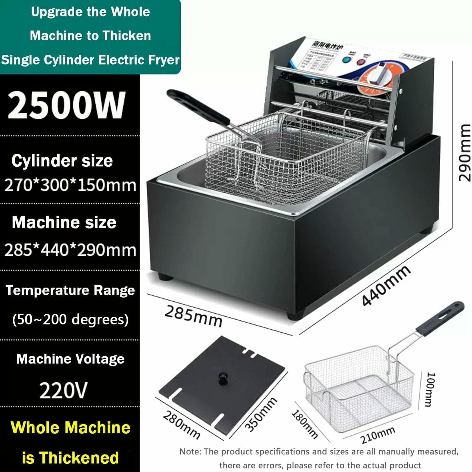 Freidora Industrial con Cesta, Control de Temperatura Ajustable de 50 a 200 °C, asa de Seguridad y sartén Antiadherente para Patatas Fritas.