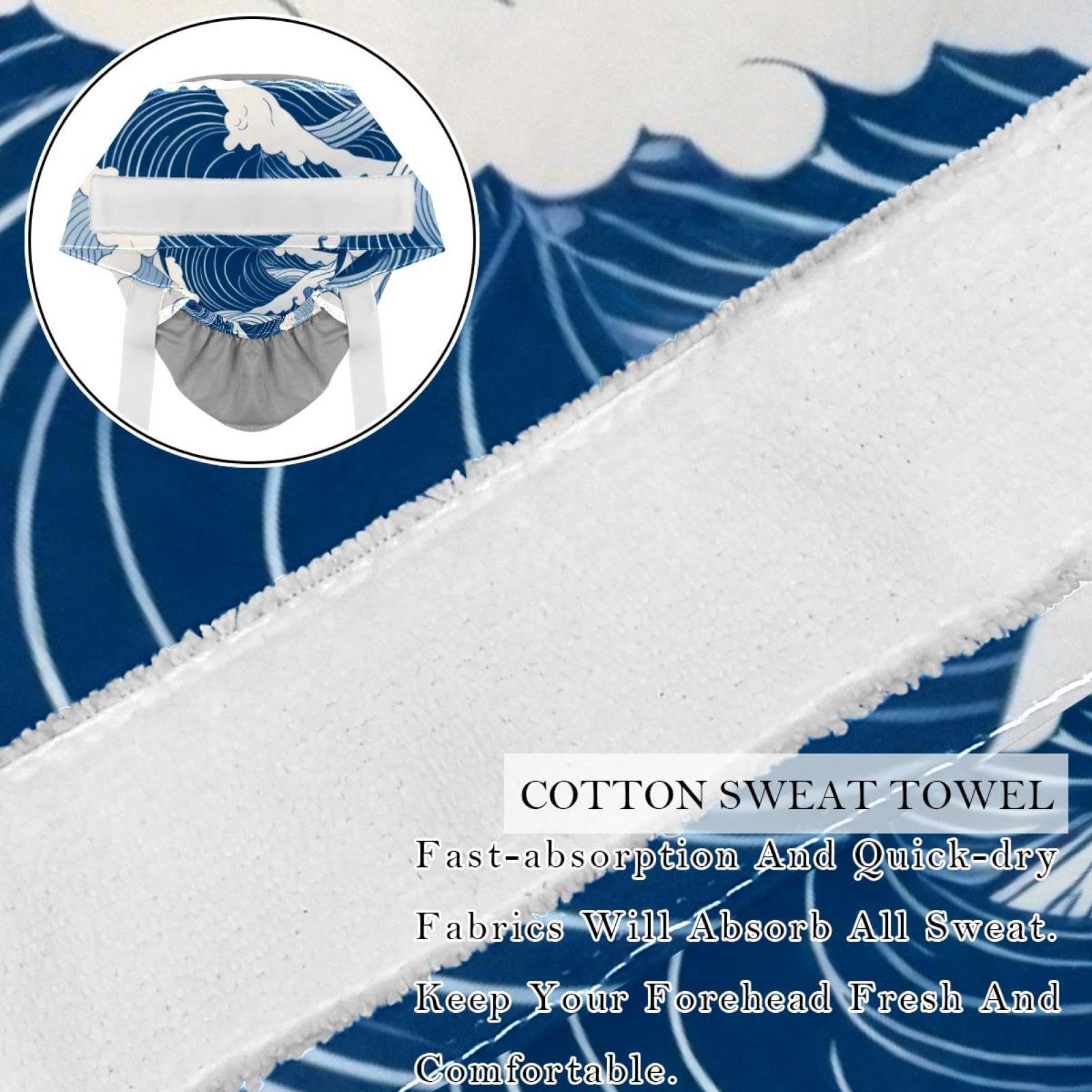 2 Pcs Working Cap with Buttons Sweatband Nautical Waves White and Blue Color Ribbon Tie Back Bouffant Hats