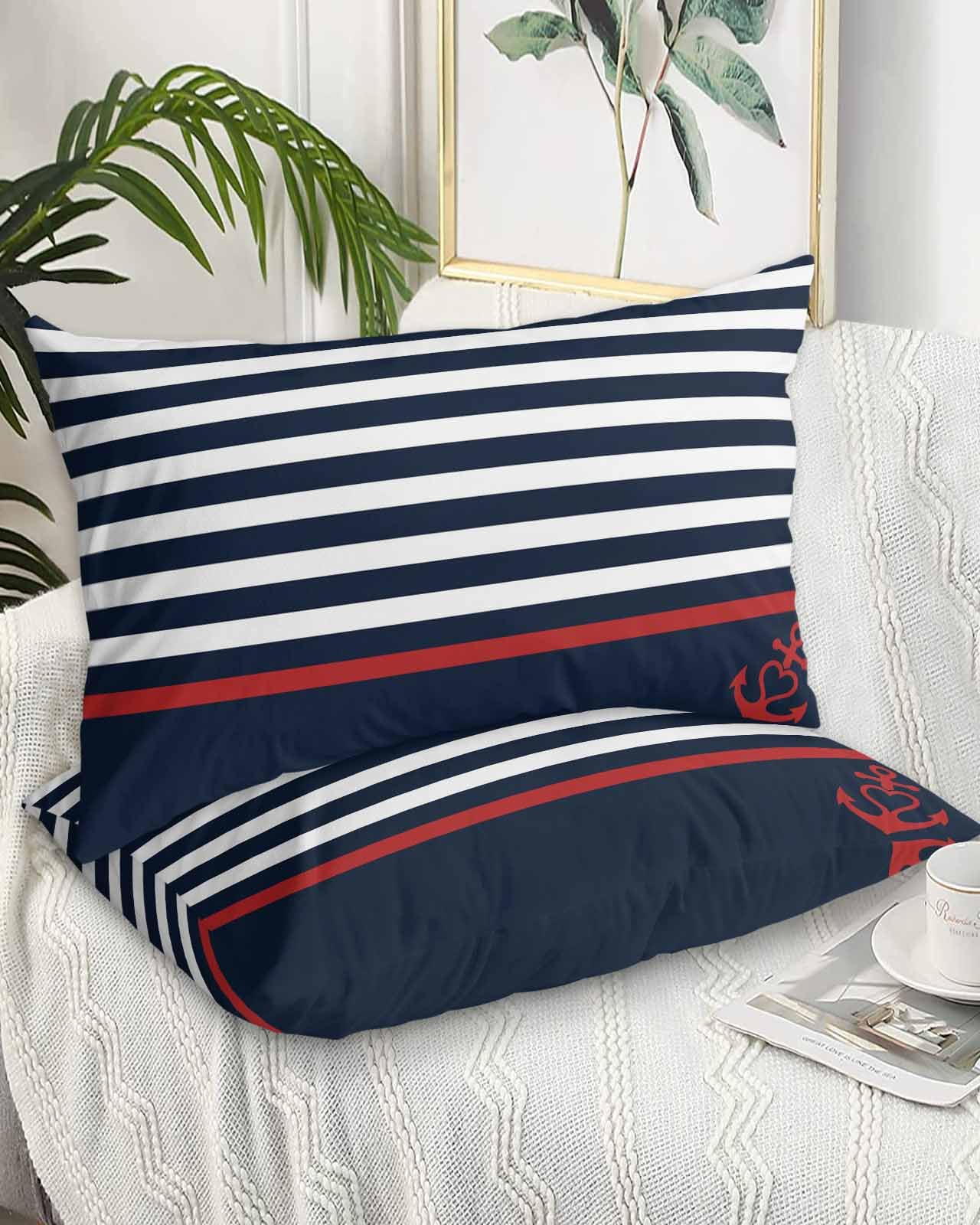 Nautical Anchor Pillow Cases Standard Size Set of 2 - Microfiber Bed Throw Pillow Covers, Summer Ocean Coastal Blue White Striped Lumbar Pillow Cover