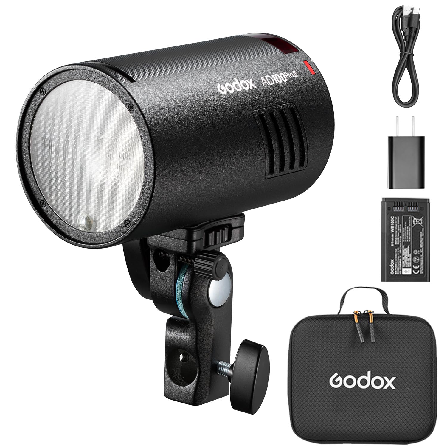Flash Godox AD100Pro II à tête Ronde 100 W, 60 à 100 flashs Pleine Puissance, 2,4 GHz X sans Fil, TTL/HSS, 2850 mAh USB-C, Support magnétique avec Adaptateur Bowens