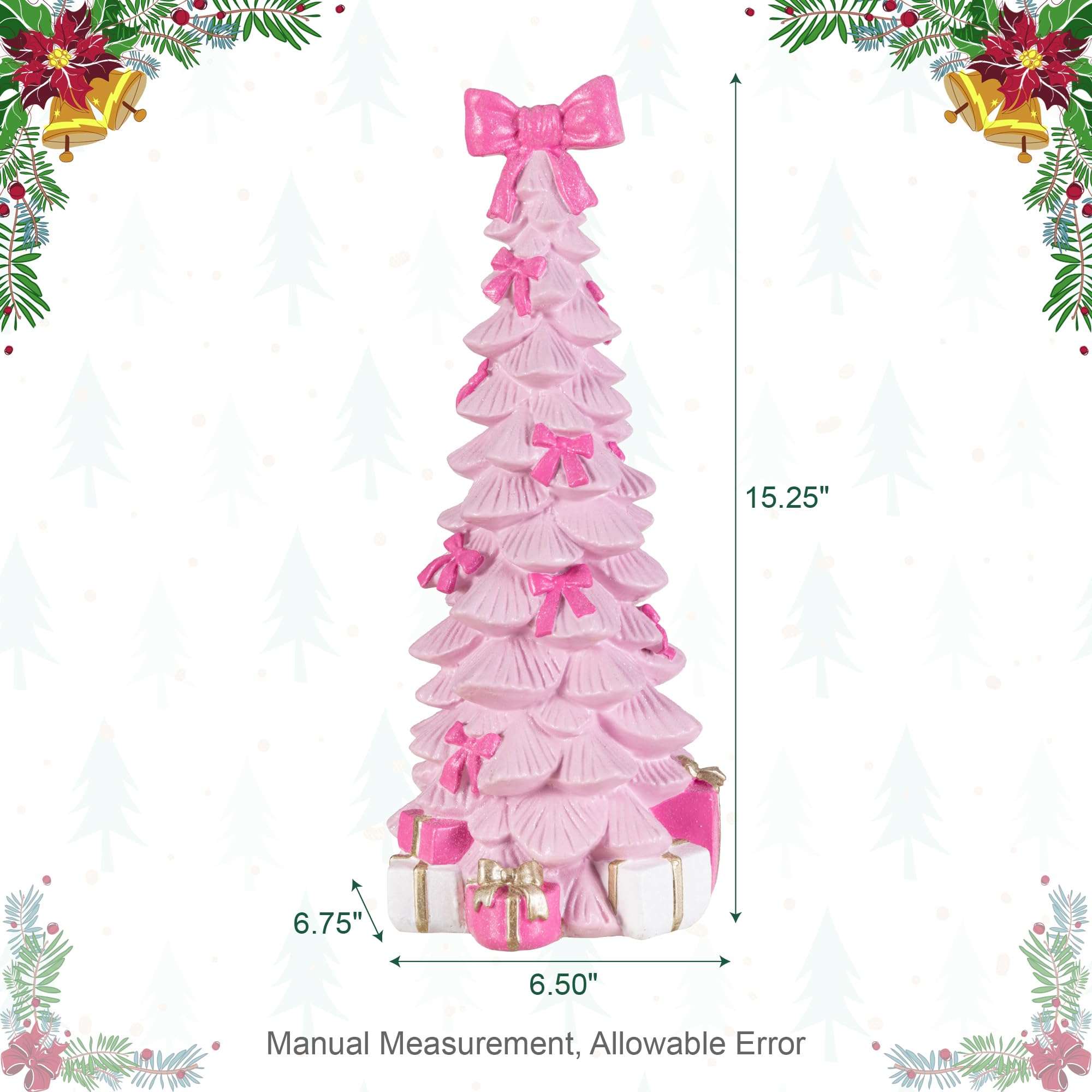 Glitzhome Figuras de resina de árbol de Navidad rosa de 38,73 cm de alto, centro de mesa de árbol de Navidad con lazo rosa brillante, decoración de Navidad hecha a mano para escritorio de vacaciones