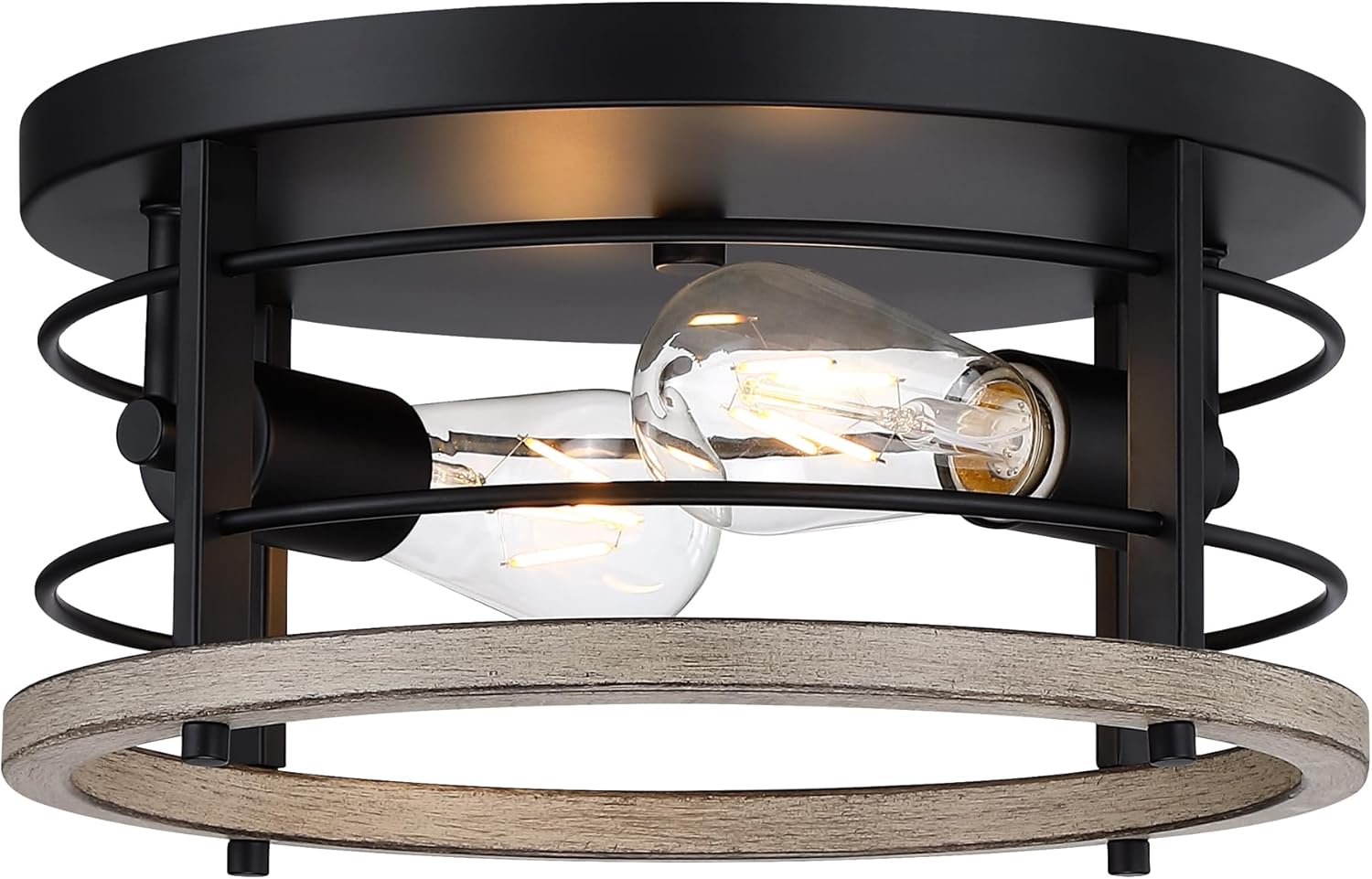 2-Light Black Modern Industrial Round Flush Mount Ceiling Light Fixture for Indoor/Outdoor, Kitchen, Bedroom, Living Room, 11.8 x 11.8 x 6.08 inches