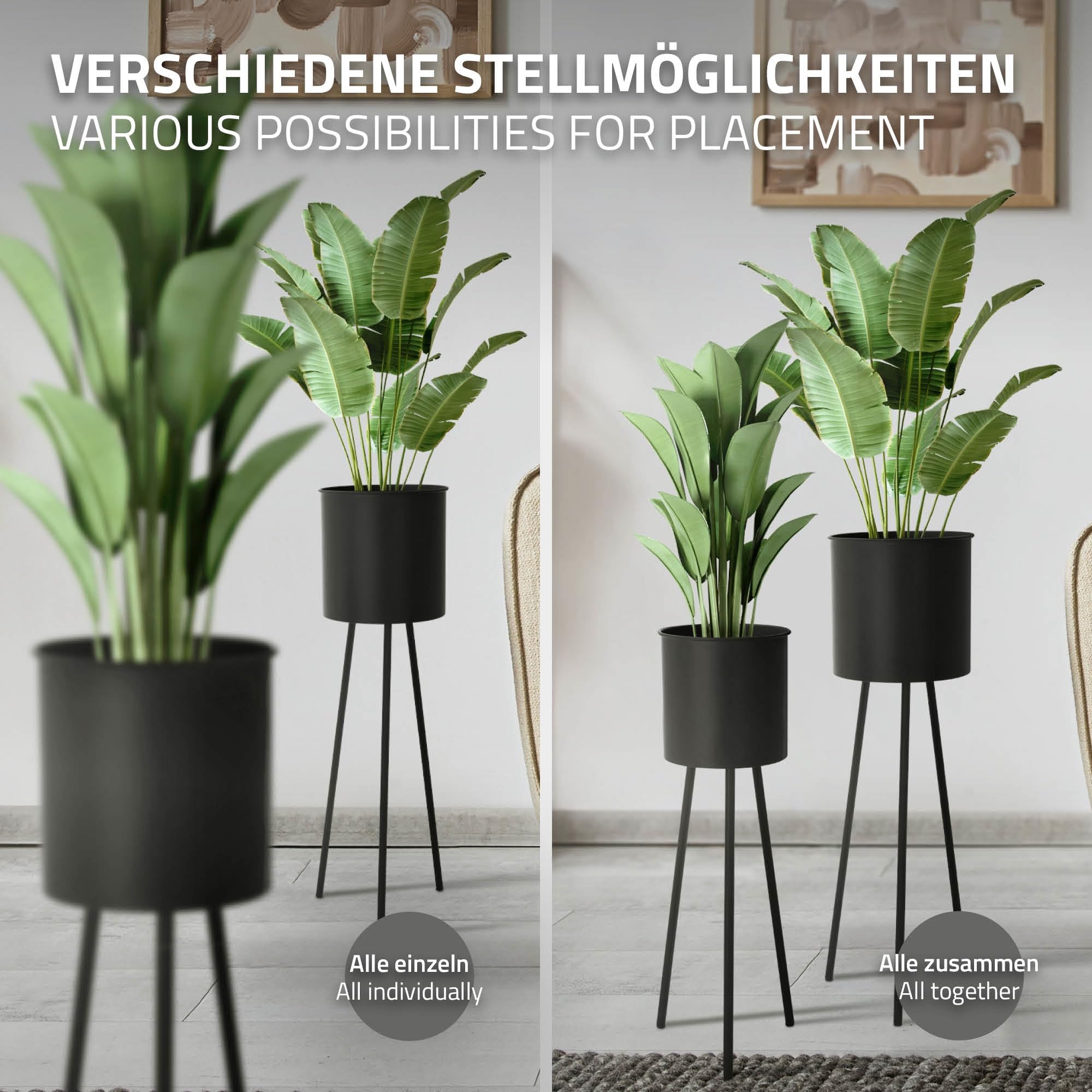 ML-Design - Set De 2 Supports à Plantes Métalliques Noirs - Dimensions 27x27x48,5 Cm Et 35,5x34x75 Cm - Acier Poudré - Pour Intérieur/extérieur