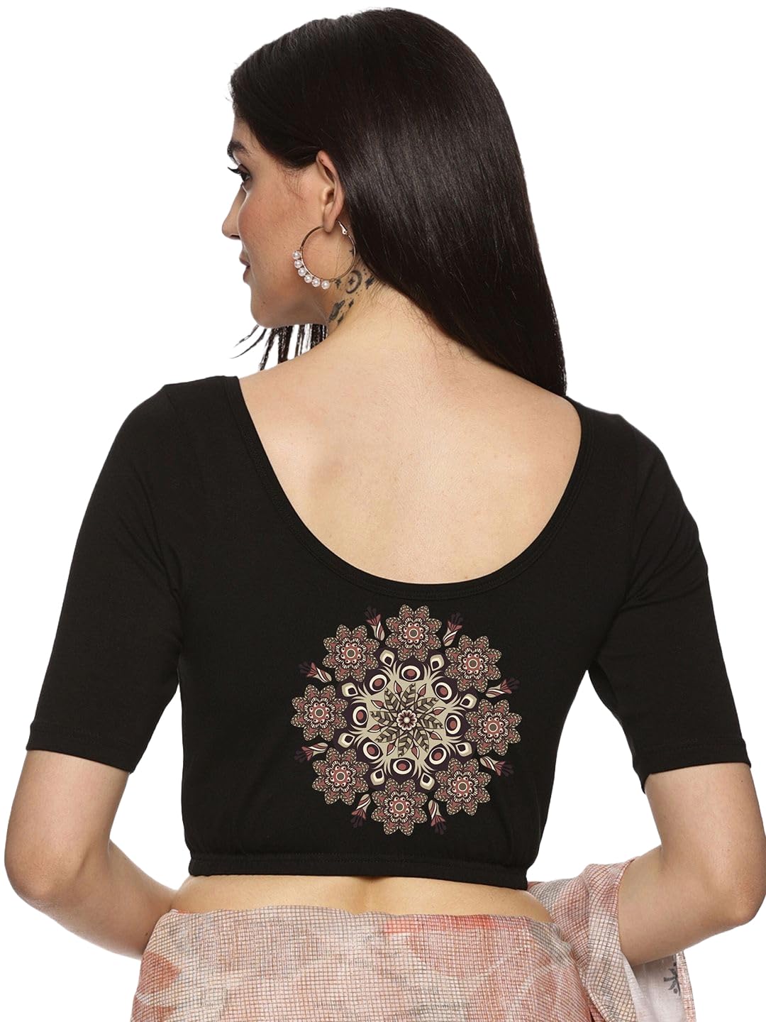 Women Cotton Blouse with Mandala Back Design, Elbow Length Sleeves-image-44
