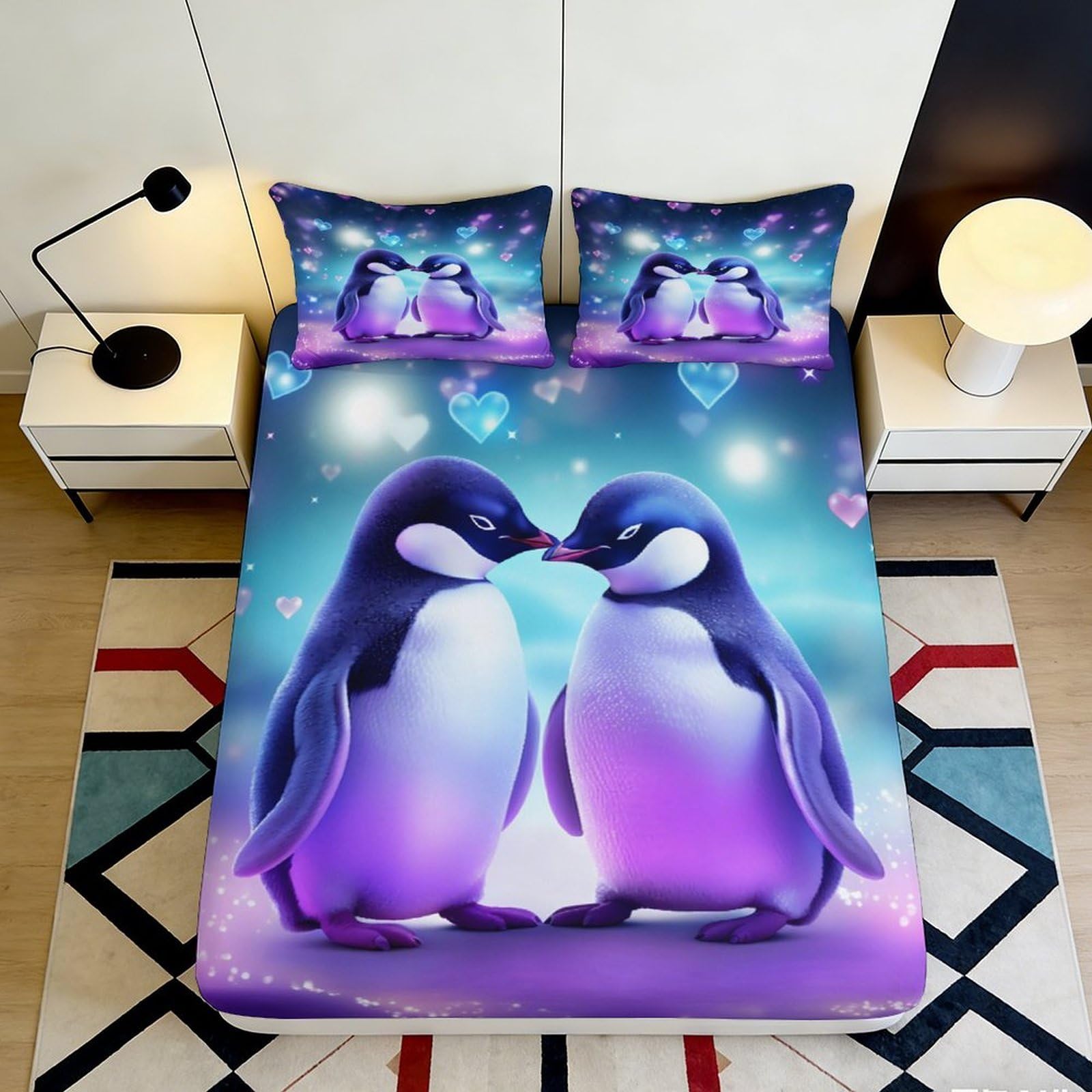 3D Printed Penguin Love Fitted Sheet Microfiber Bedroom Decor Anti-Slip Mattress Cover for Adults Teens Dorm Home 120x200cm 180x200x25cm