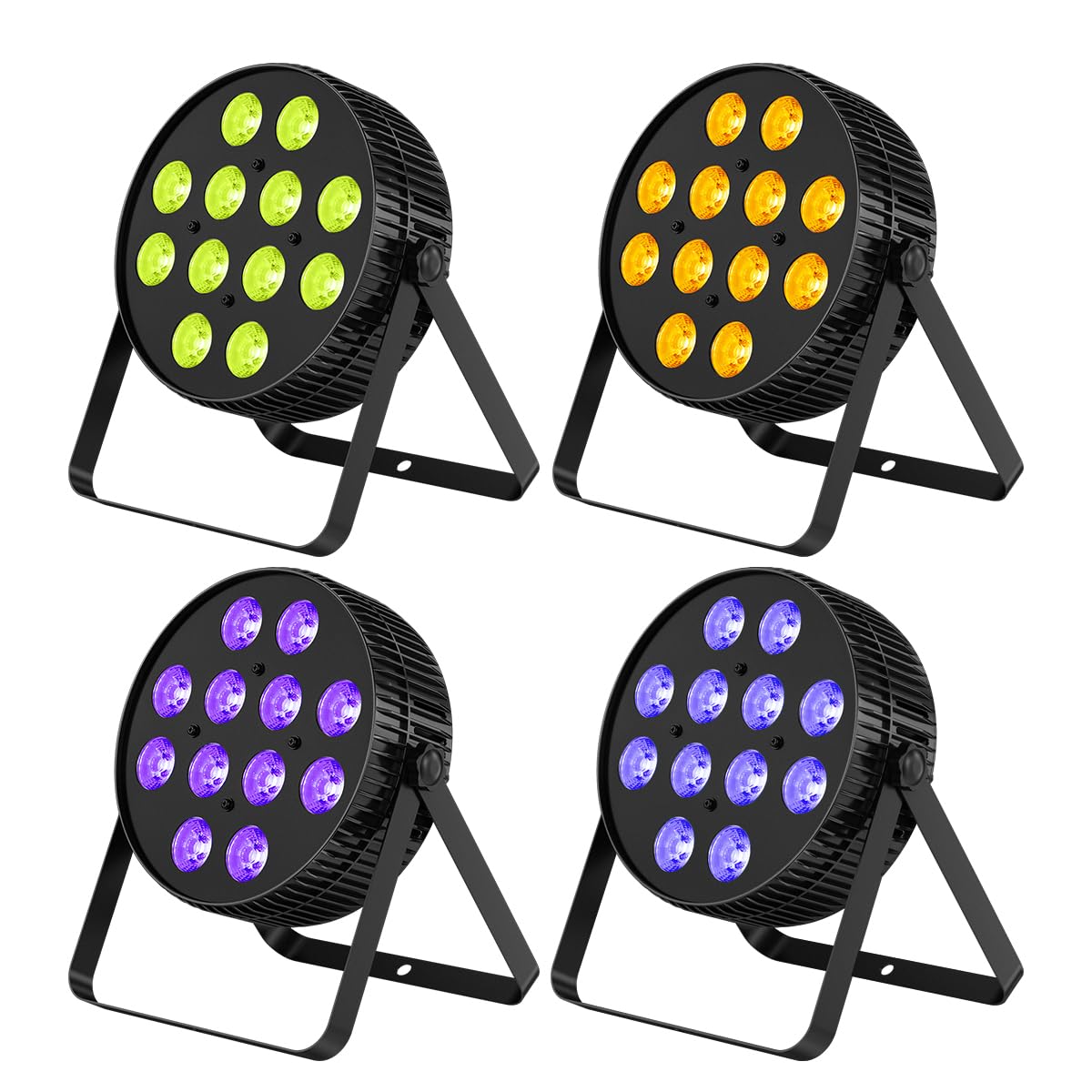 BETOPPER Focos Par LED 12x18W, Luces Escénicas RGB+Lima+Ámbar+UV 6-en-1 con Efecto Wash/Strobe, DMX512/Activación por Sonido, para DJ, Fiestas, Conciertos, Bares (4 Unid.)