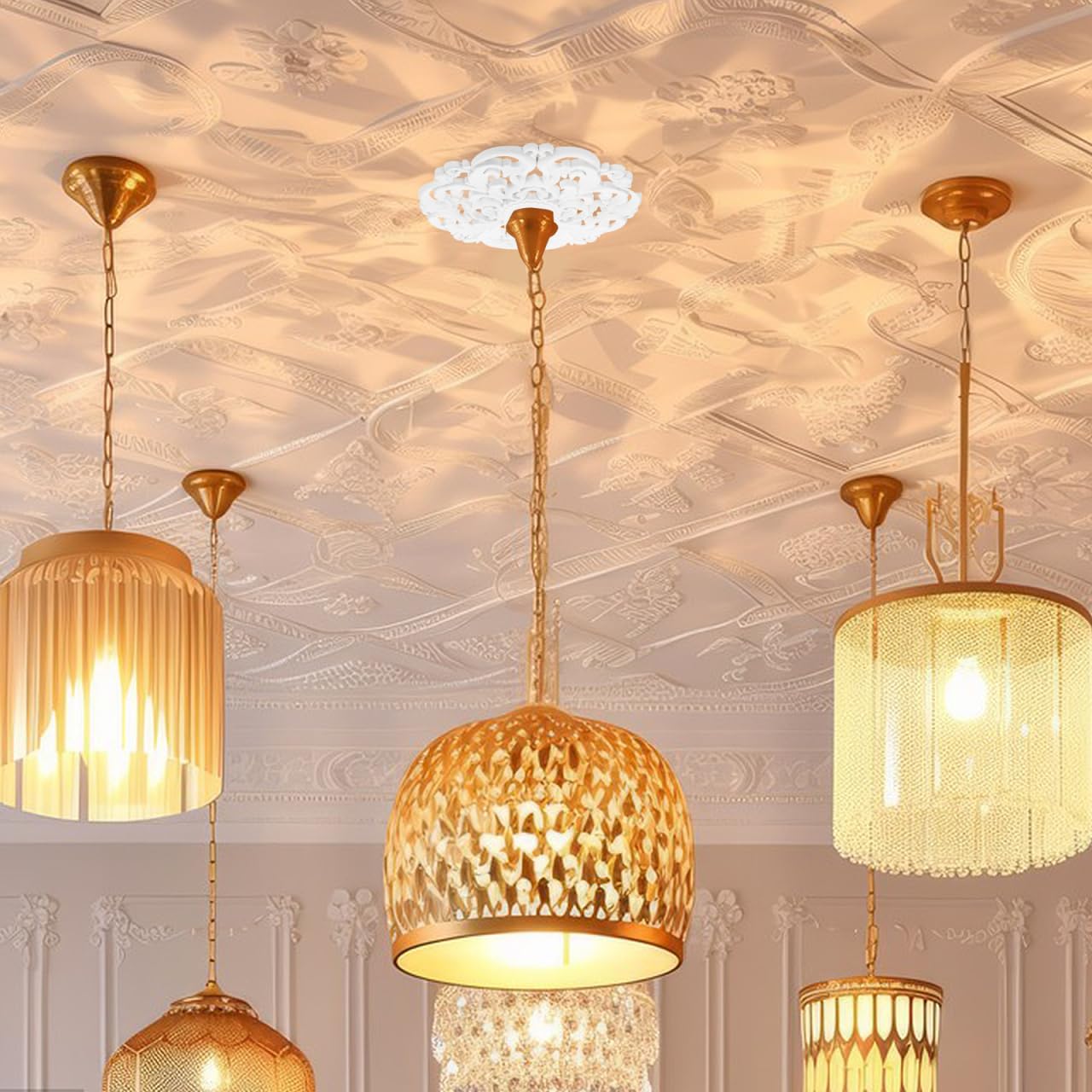TOPBATHY Rosetón Techo Decorativo Estilo Europeo En Ps Medallón De Lámpara De Techo Tallado Calado De 12.20 X 12.20 X 0.39 in Para Dormitorio Hogar Y Espacios Comerciales