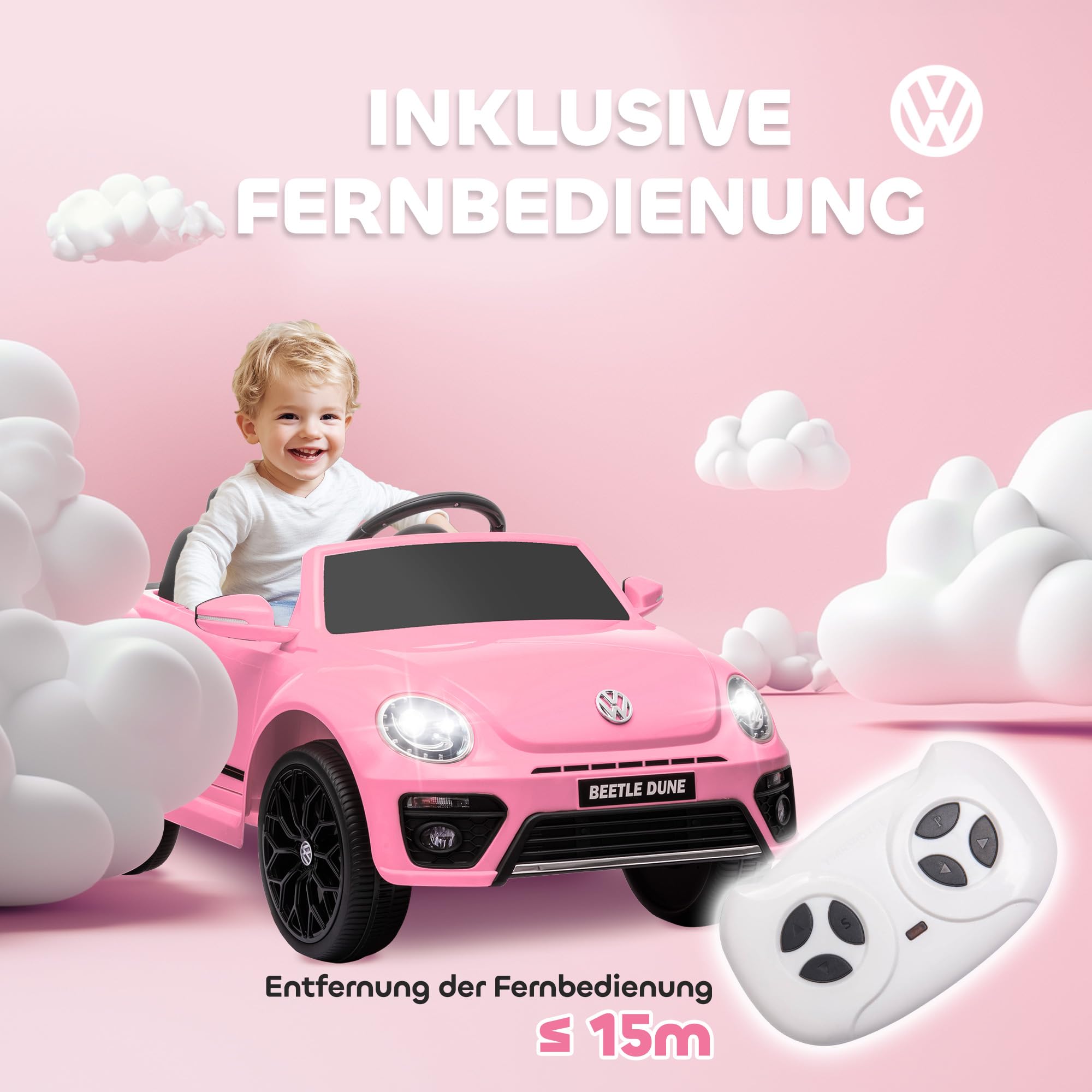 AIYAPLAY Dziecięcy samochód elektryczny Volkswagen Beetle 12V, różowy | Pilot 2,4G, muzyka, klakson, światła LED, złącze USB/MP3, pojazd elektryczny dla dzieci 3-5 lat