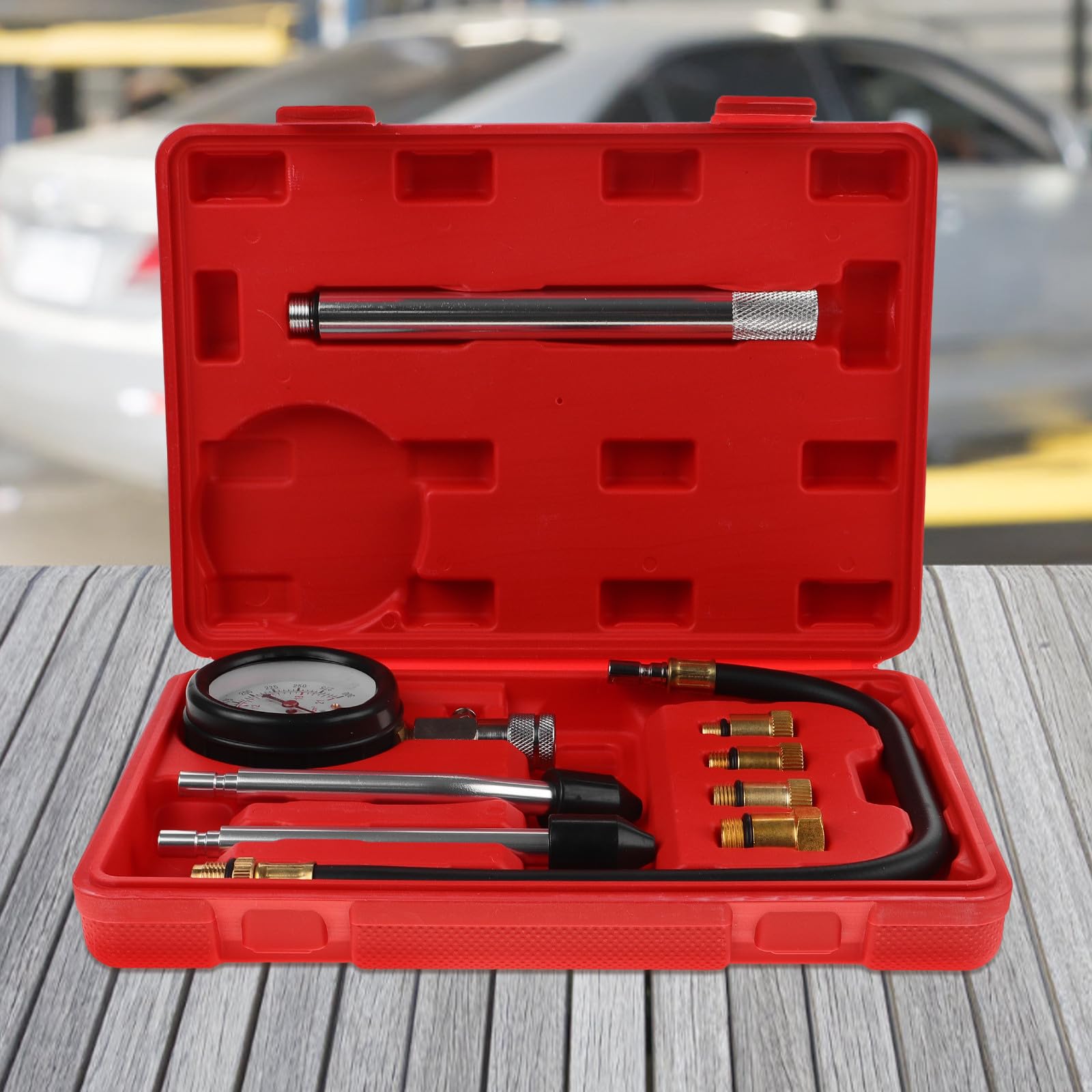 Kit de Prueba de Compresión para Coches y Motocicletas, Medidor de Compresión del Motor en Aleación de Aluminio y Plástico para Mantenimiento y Reparaciones