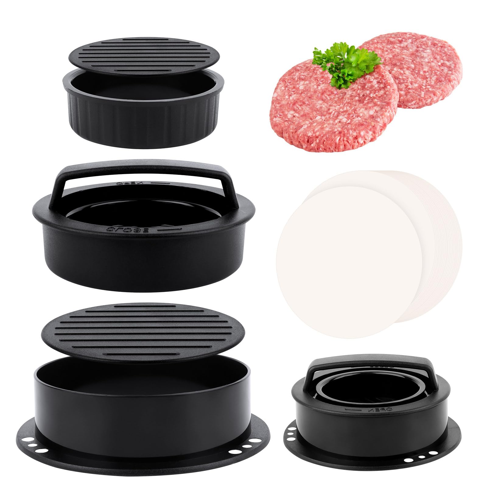 RISVOWO 3 en 1 Presse à Hamburger, Moule Steak Haché avec 100 Paper, Antiadhésive Presse à Burger Smash Burger pour Délicieux Hamburgers, Galettes, Cheeseburgers