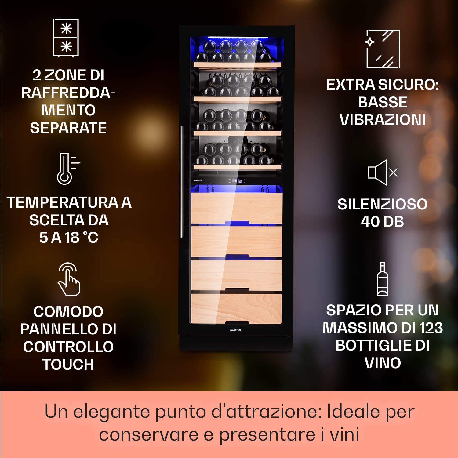 KLARSTEIN Cantinetta Vino, Cantinetta Vino Refrigerata a Zona Doppia per Interno/Esterni, Frigo Bar, Cantina Vino con Vetrina, Mini Bar con Protezione UV, Frigo Vino Touch, 5-18°C, 123 Bottiglie