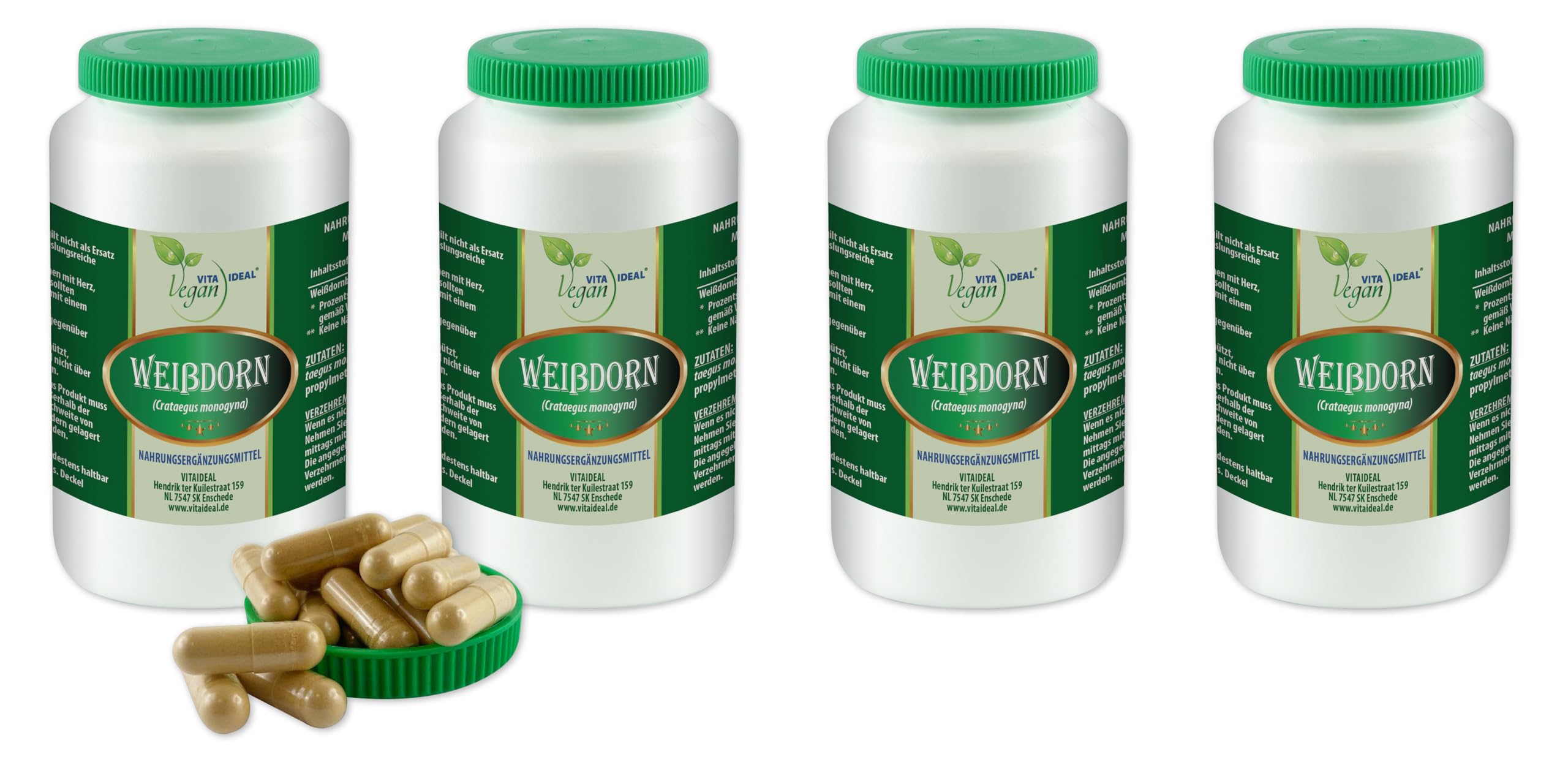 VITA IDEAL Vegan® WEIßDORN - Beeren 4x 360 Kapseln - Crataegus monogyna - Weissdorn - Tagesportion 1000mg WEIßDORNBEEREN reines Pulver. Natürlich, pflanzlich & ohne Zusatzstoffe.
