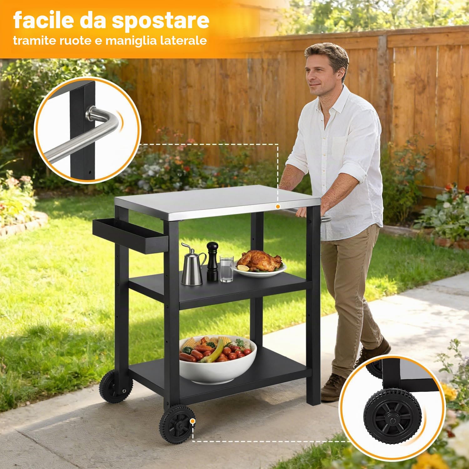 Carrello per Barbecue Regolabile in Altezza, Tavolo da Barbecue con 3 Ripiani, 6 Ganci, Maniglia & Portaspezie, Carrello da Servizio con Ruote per Cucina all'aperto, Piano in Acciaio Inox per