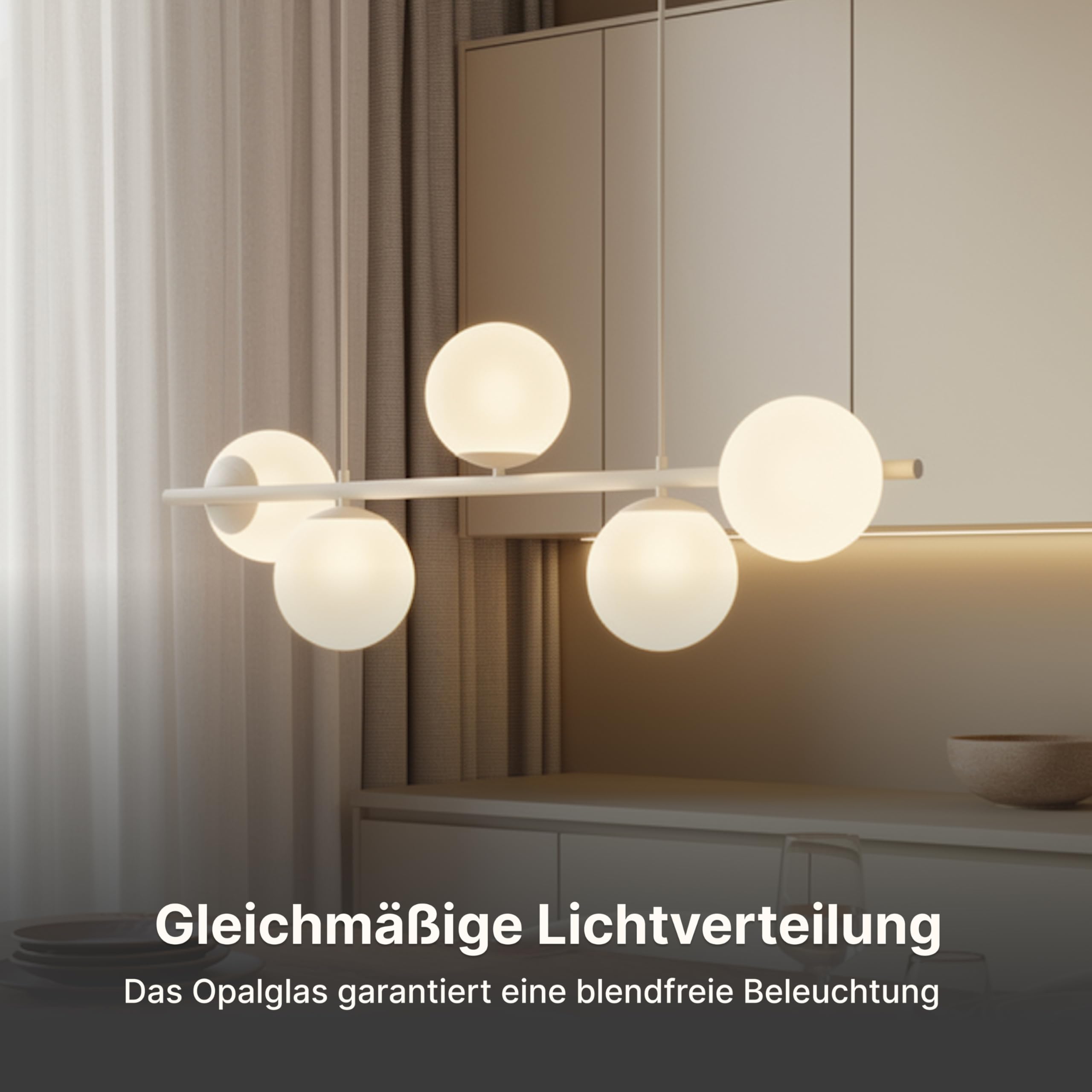 Pendelleuchte 'Livana' 5-flammig nicht dimmbar LED Deckenleuchte mit Opalglaskugeln für Esstisch Küche Wohnzimmer Hängeleuchte Beige 100cm