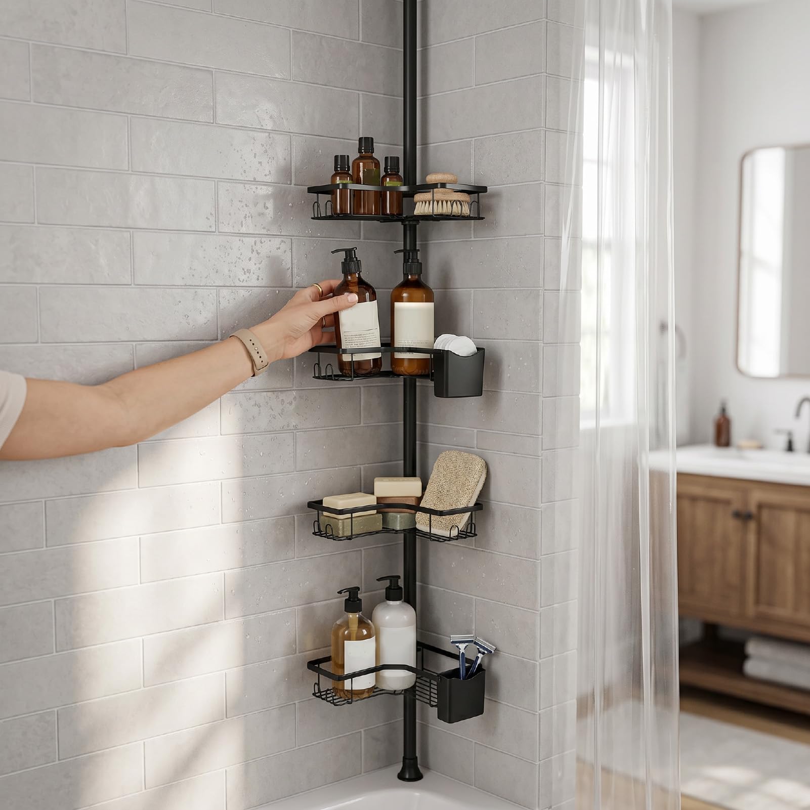 Estante de Ducha de Esquina con Barra de Tensión de 4 Niveles, sin Taladro, Organizador de Almacenamiento de Baño, Acero Inoxidable Inoxidable con Barra Ajustable