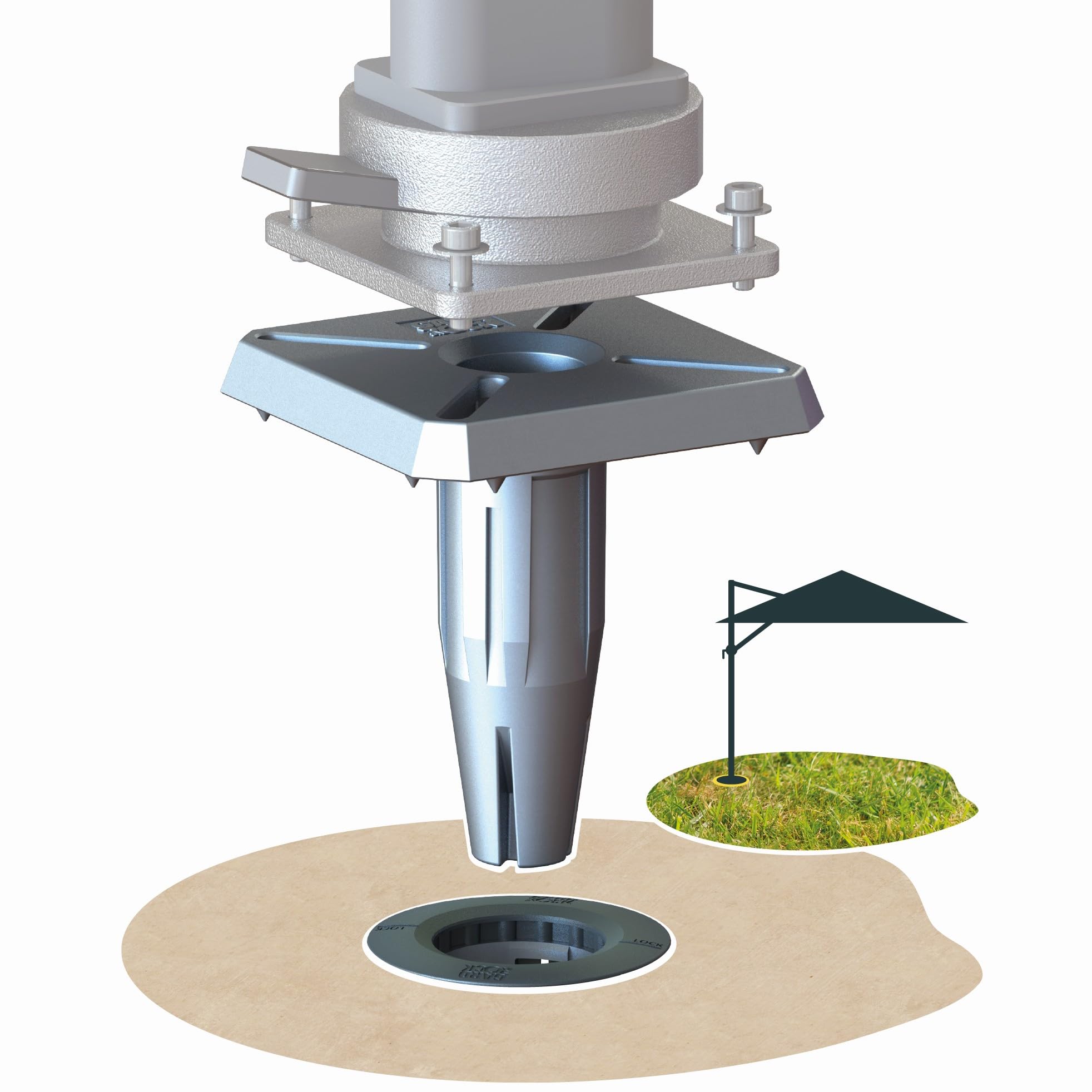 GARD & ROCK - Stand for cantilever parasol, removable and in aluminium - Suitable for any type of ground - To be inserted into the anchoring base - Mount your parasol safely and without obstruction
