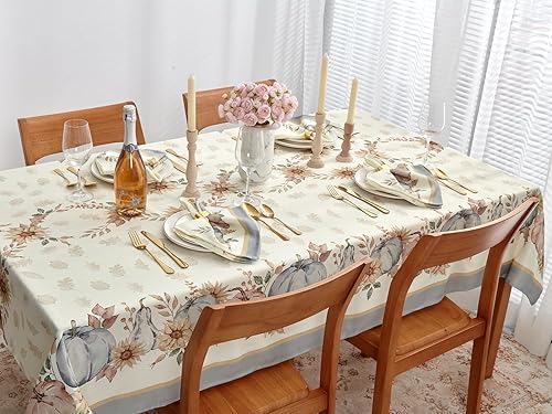 Miniatura 2 de YiHomer Mantel de Acción de Gracias con borde de cosecha de calabaza azul, estampado de calabaza y girasol, lavado a la piedra, fácil cuidado, 52 x