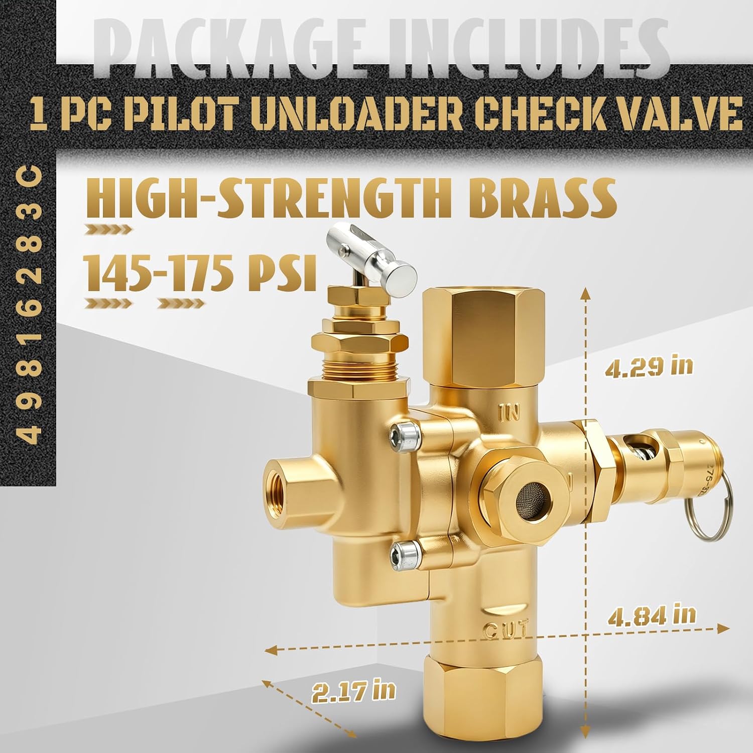 49816283C Pilot Check Valve Unloader Fit for Ingersoll Rand T30 Gas Powered Air Compressor, 145-175 PSI, 5/8" Inverted Flare, 1/2" FNPT Outlet, 1/8" Control Port