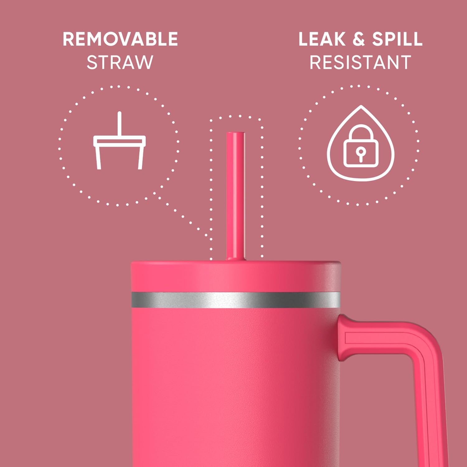 Hydrapeak Voyager 40 Oz Stainless Steel Tumbler with Handle, Insulated Water Bottle With Straw & Lid, Cupholder Friendly Reusable Travel Mug (Hot Pink) - Image 4