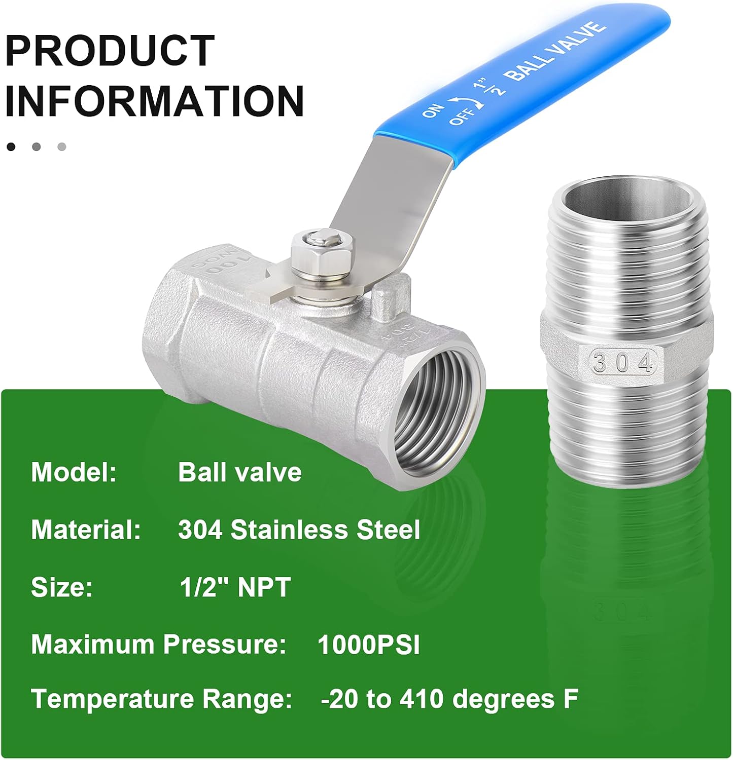 TAISHER 4 Pcs 1/2 Inch FNPT Heavy Duty Ball Valve Kit, 304 Stainless Steel with Blue Handles & Nipple