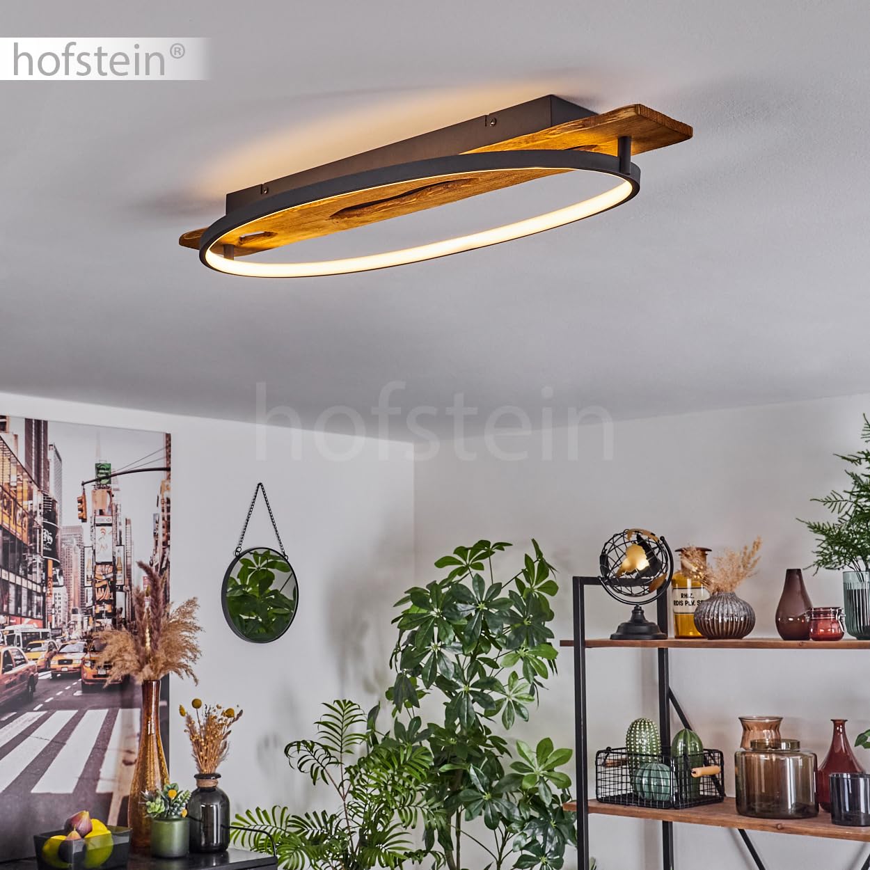 HOFSTEIN LED Deckenleuchte Nevogilde, moderne Deckenlampe aus Metall/Holz/Kunststoff in Anthazit/Natur/Weiß, Leuchte im skandinavischen Design mit Holzbalken, 2400 Lumen, 3000 Kelvin, 20 Watt