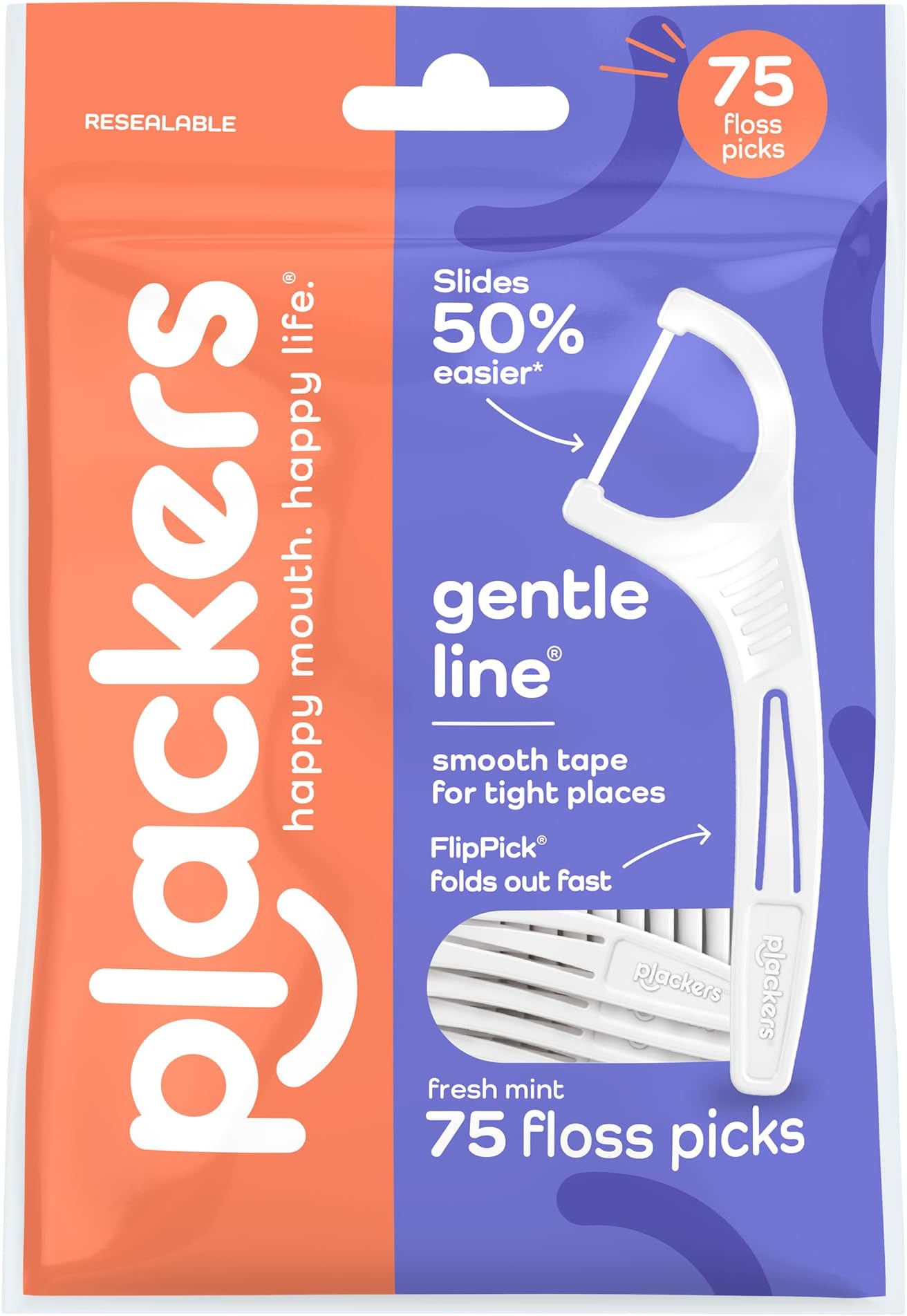 Gentle Line® Floss Picks, Super Soft, GentleSlide® Fiber Made Without PTFE, Slides Easily Between Teeth, Fresh Mint, 75 Count