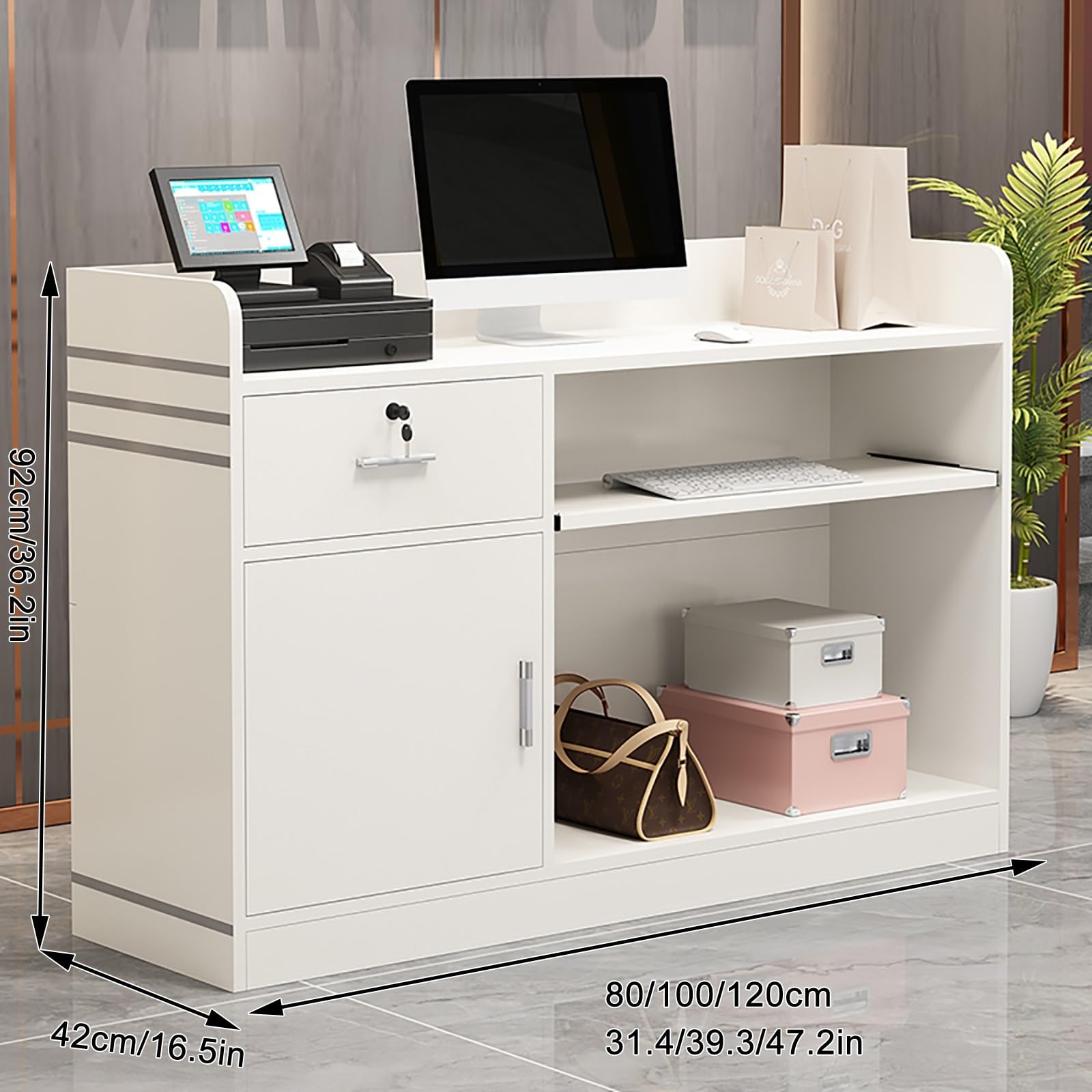 Bancone Reception Moderno con cassetto chiudibile a Chiave e sportello per Piccolo bancone Vendita per Salone Cassa Ufficio Marrone (80 cm)