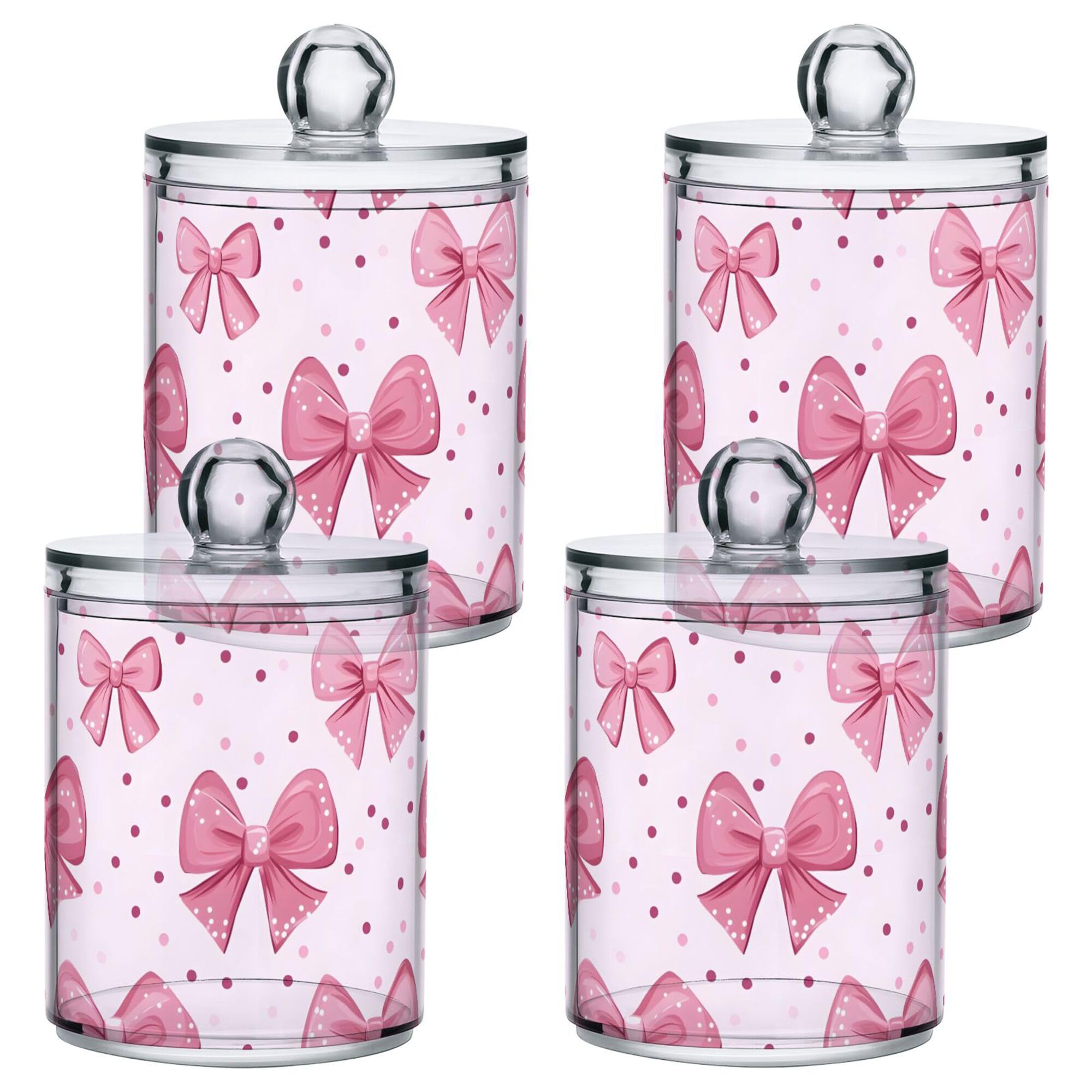 PYBUG Pink Bows Qtip Holder with Lid,2Pack Clear Plastic Apothecary Jars Bathroom Storage Containers for Cotton Swab,Cotton Ball,Floss Picks,Tea,Coffee