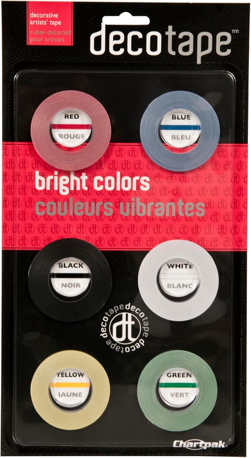 Chartpak DEC001 Deco Bright Decorative Tape, 1/8" x 324", Red/Black/Blue/Green/Yellow (Pack of 6)