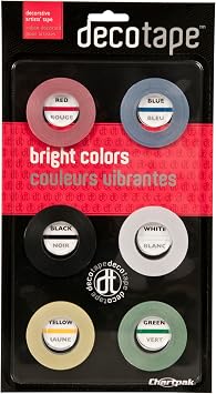 Chartpak DEC001 Deco Bright Decorative Tape, 1/8" x 324", Red/Black/Blue/Green/Yellow Pack of 6