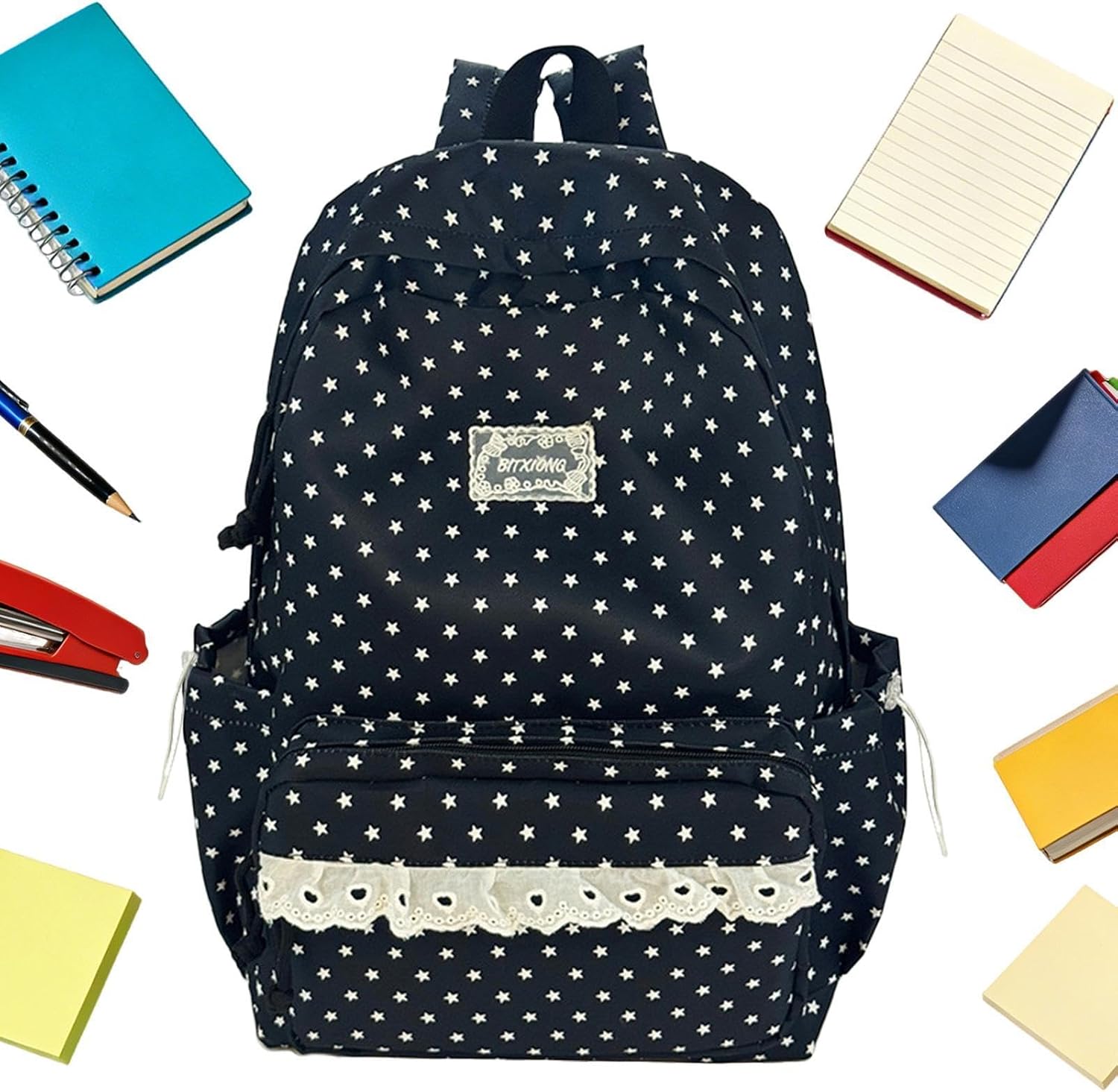 Aesthetic Backpacks for School, Adjustable Straps Zipper Bag, Dot Lace