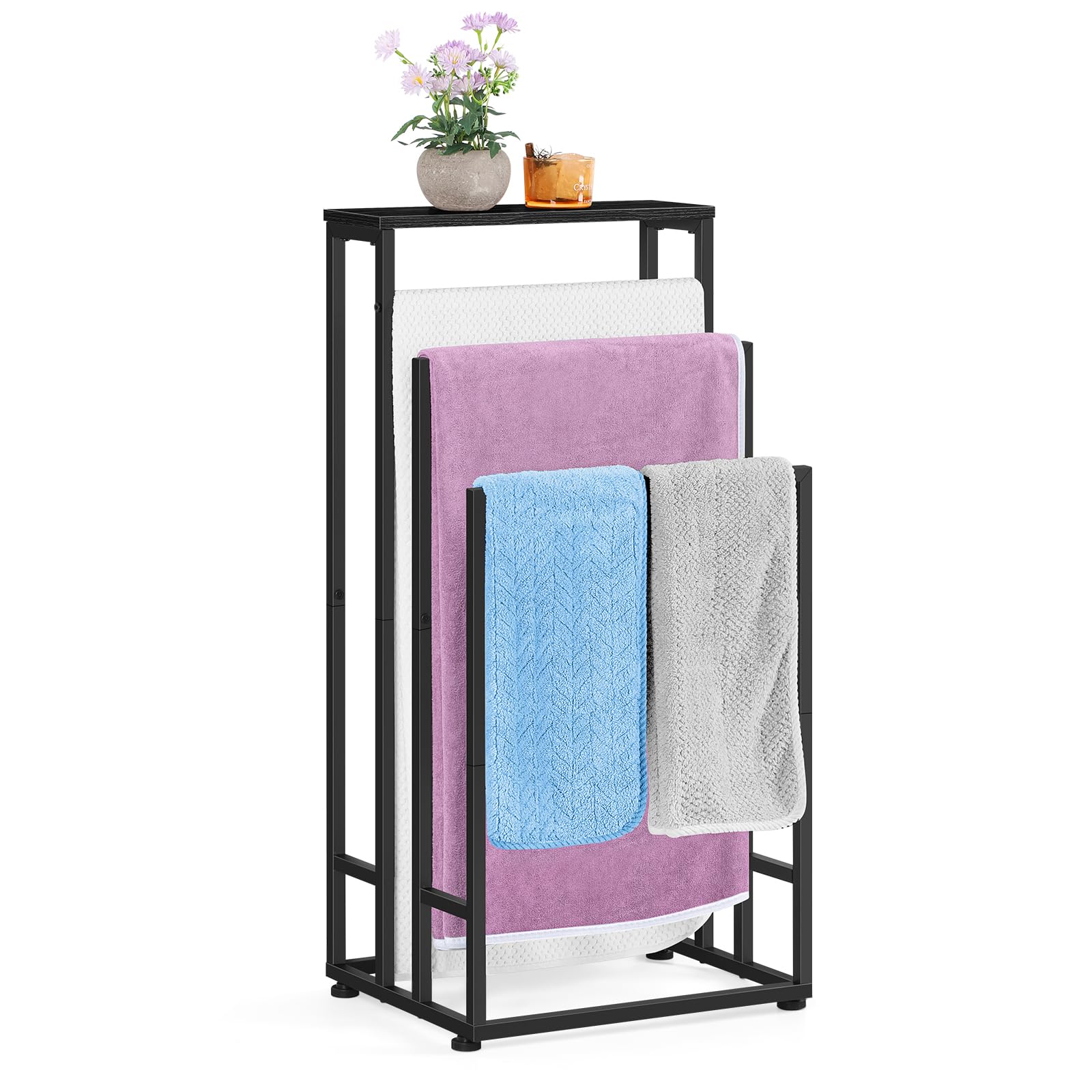 smusei Free Standing Towel Rail for Bathroom 3-Tier Design Towel Holders for Bathrooms with Wooden Shelves Towel Rail Freestanding 40 x 30 x 82 Cm Freestanding Towel Rack for Bedroom Pool (Black)