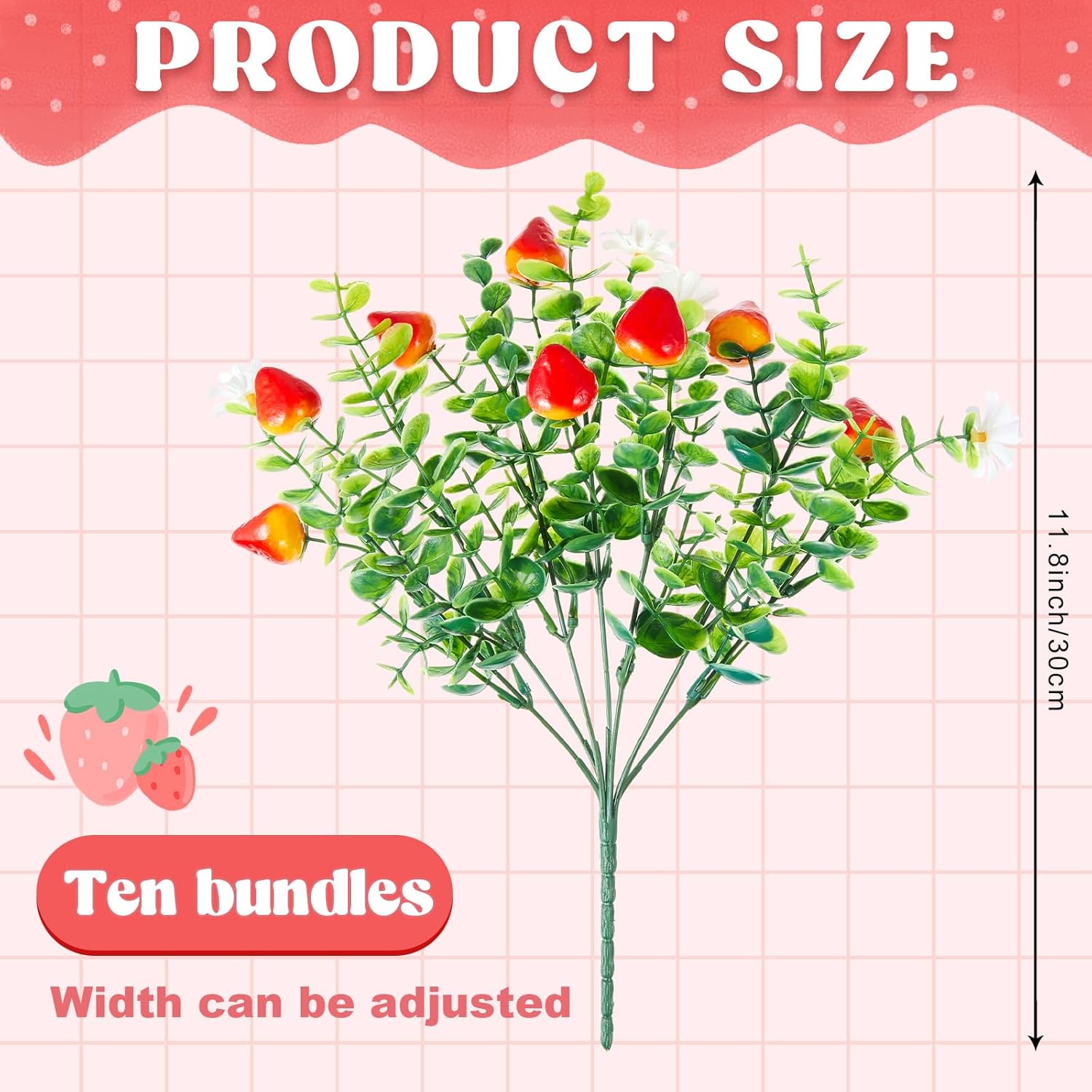10 Pack Artificial Strawberry Branches Decoration Fake Strawberry Stems with Green Leaves and Daisies for Farmhouse Home Wedding Birthday Table Centerpiece & Party Arrangement