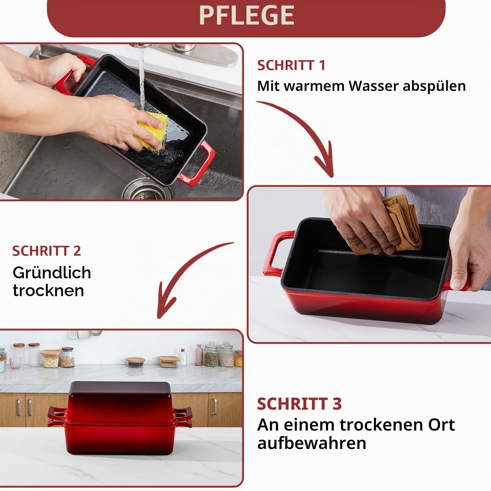 Leonyo Gusseisen-Brotpfannen-Set, 22,9 x 12,7 cm, Emaille, Rot | 2-in-1 Dutch Oven für selbstgemachtes Brotbacken, ofenfest & bis 260 °C erhitzen