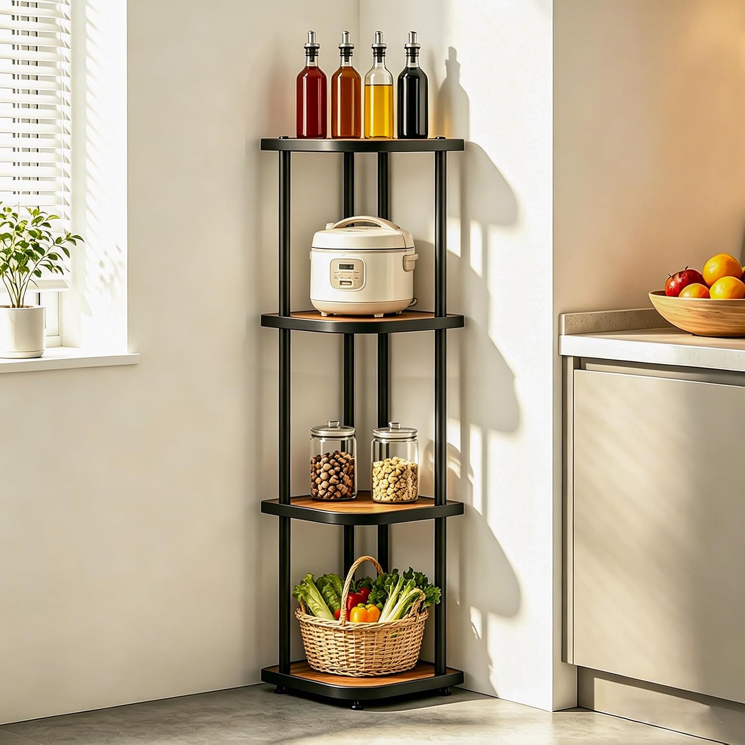 Corner Shelf 4 Tier Industrial, Rustic Wood Metal Storage Rack
