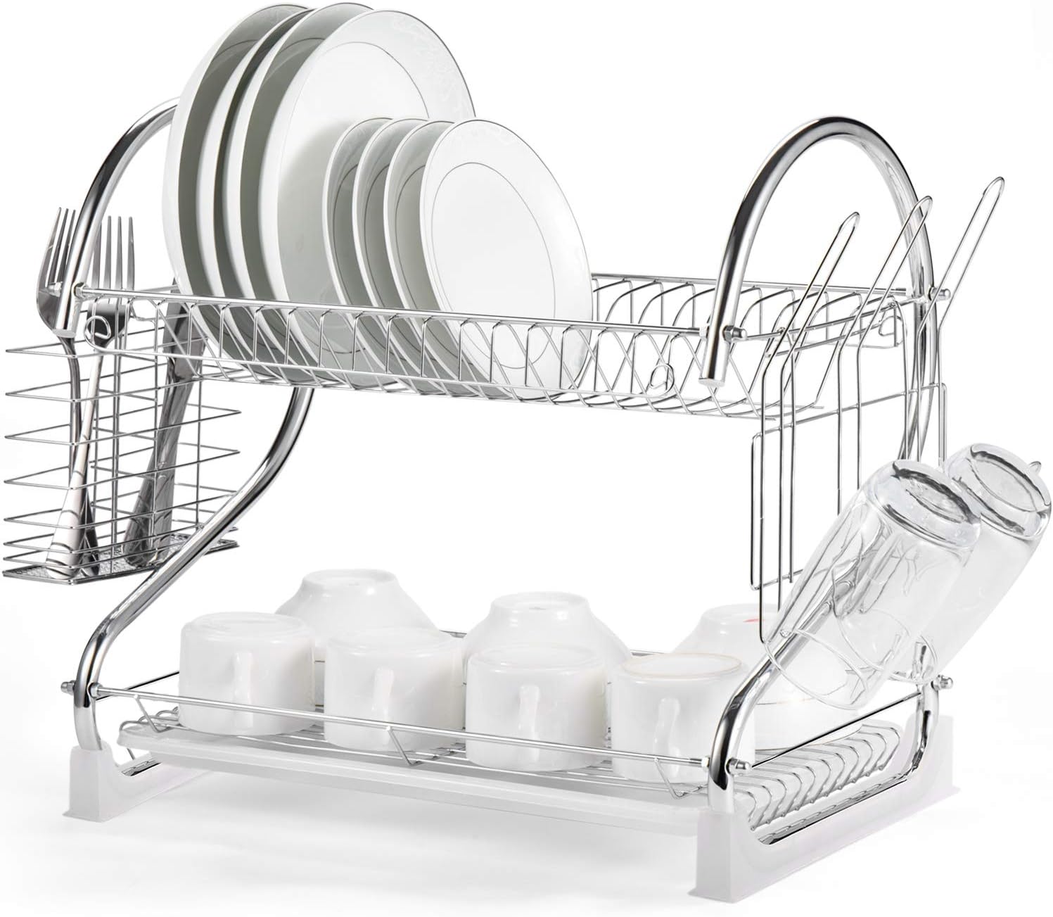Glotoch 2 Tier Dish Drying Rack Kitchen Organizer Storage, 2021 Upgraded Base with Chrome Rustproof Coating, Cup Holder and Utensil Holder and Water Catching Drip Tray 16.5 x 10 x 15 Inches