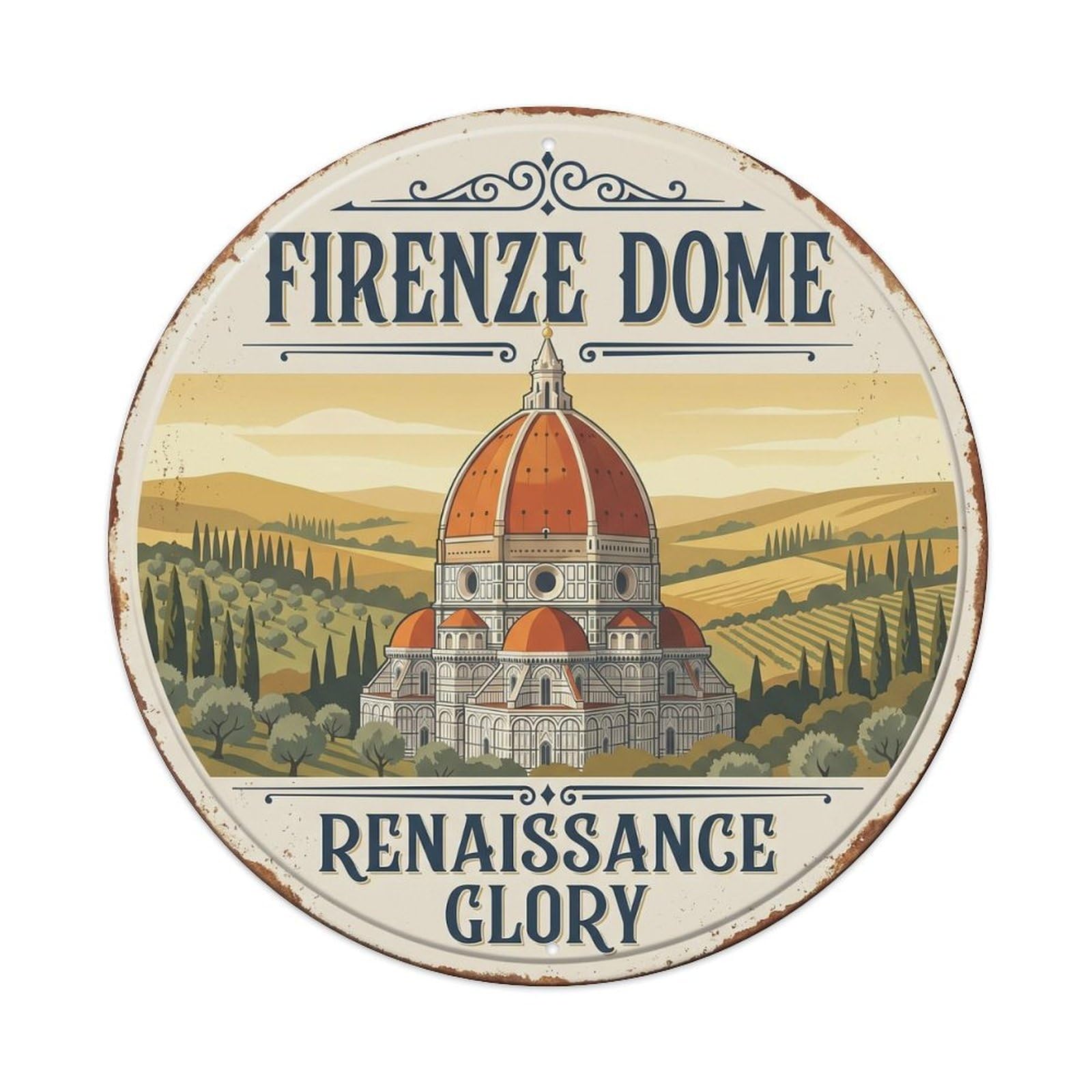 Cathedral Dome Florence Renaissance Landmark Metal Tin Sign Plaque Wall Decor for Cafe, Club, Garden Round Metal Poster 8x8Inch