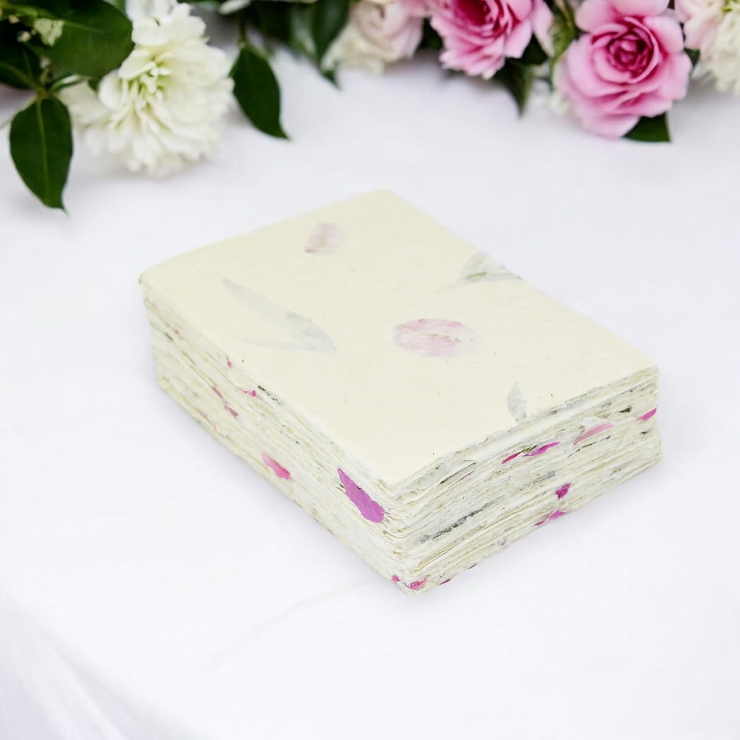 Handmade Lokta Card Stock 5x7 Inch Deckle-edge Paper with Bougainvillea Petal and Titepati leaves. for Vintage Stationery, Printing, and Decorative Invitations (100 Sheets, Forest Wanderer)