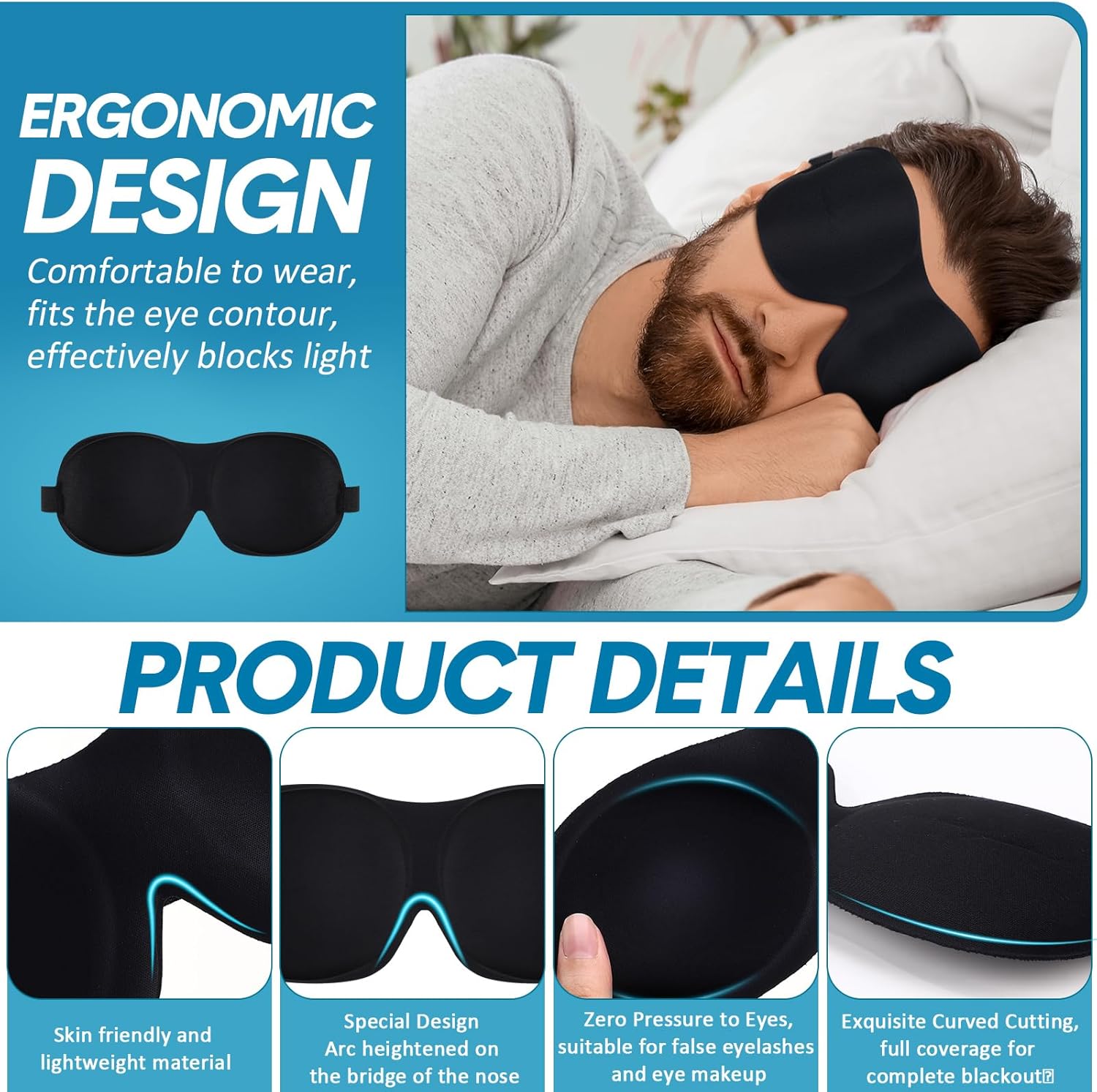 50 Sleep Eyemask 3D Blackout Night Blindfold Sleeping Mask for Side Sleeper Lash Extensions Zero Eye Pressure Eye Shade Cover with Adjustable Strap for Men Women Essentials - Image 3