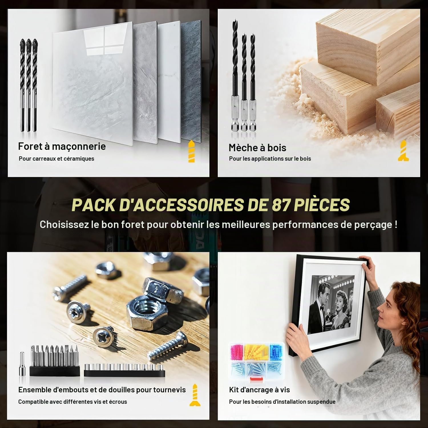 Perceuse Visseuse Sans Fil Brushless 21V KELNOW, Perceuse Percussion 60 Nm, Batterie 2,0 Ah, Mandrin Métal 10 mm, 2 Vitesses 25+3 Couples, Visseuse Dévisseuse avec 87 Accessoires Bricolage (Rouge)
