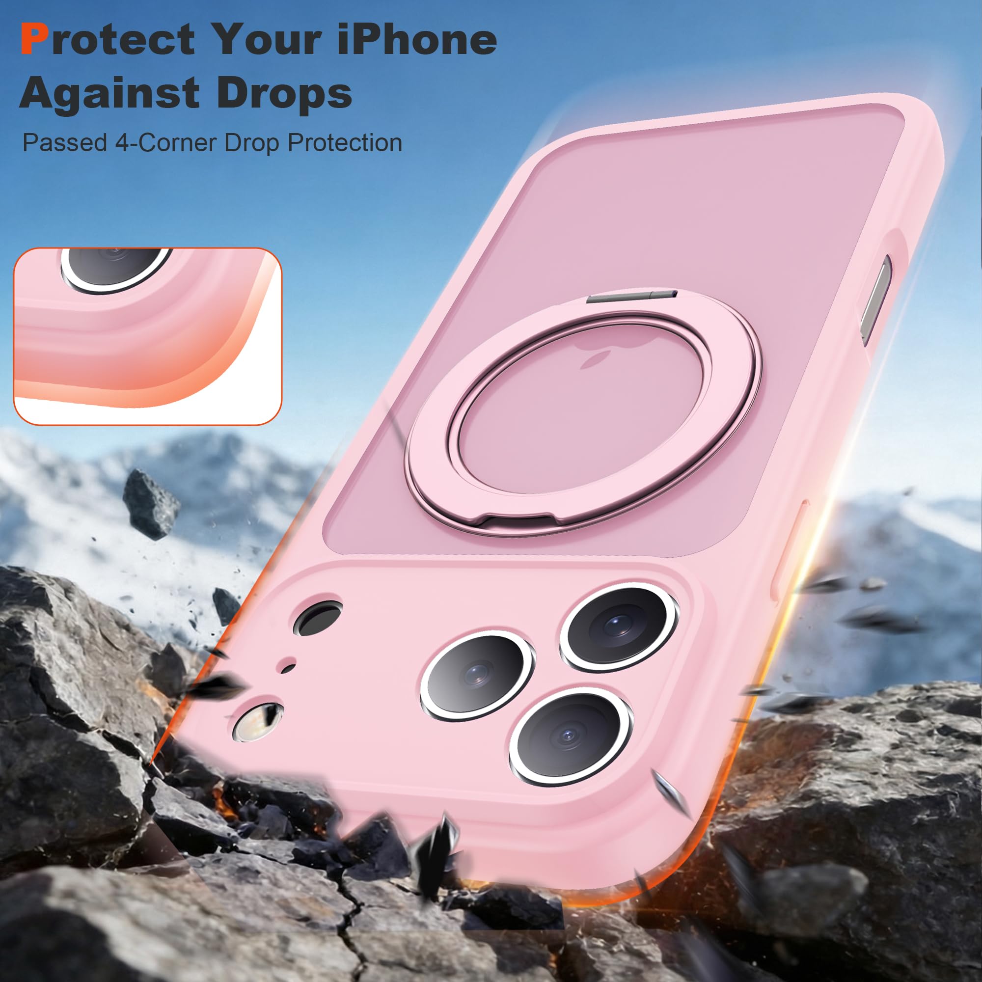 Custodia magnetica per iPhone 17 Pro 16 cm, rosa | Supporto magnetico ad anello, compatibile con Mag-Safe, protezione di grado militare, custodia sottile traslucida opaca per