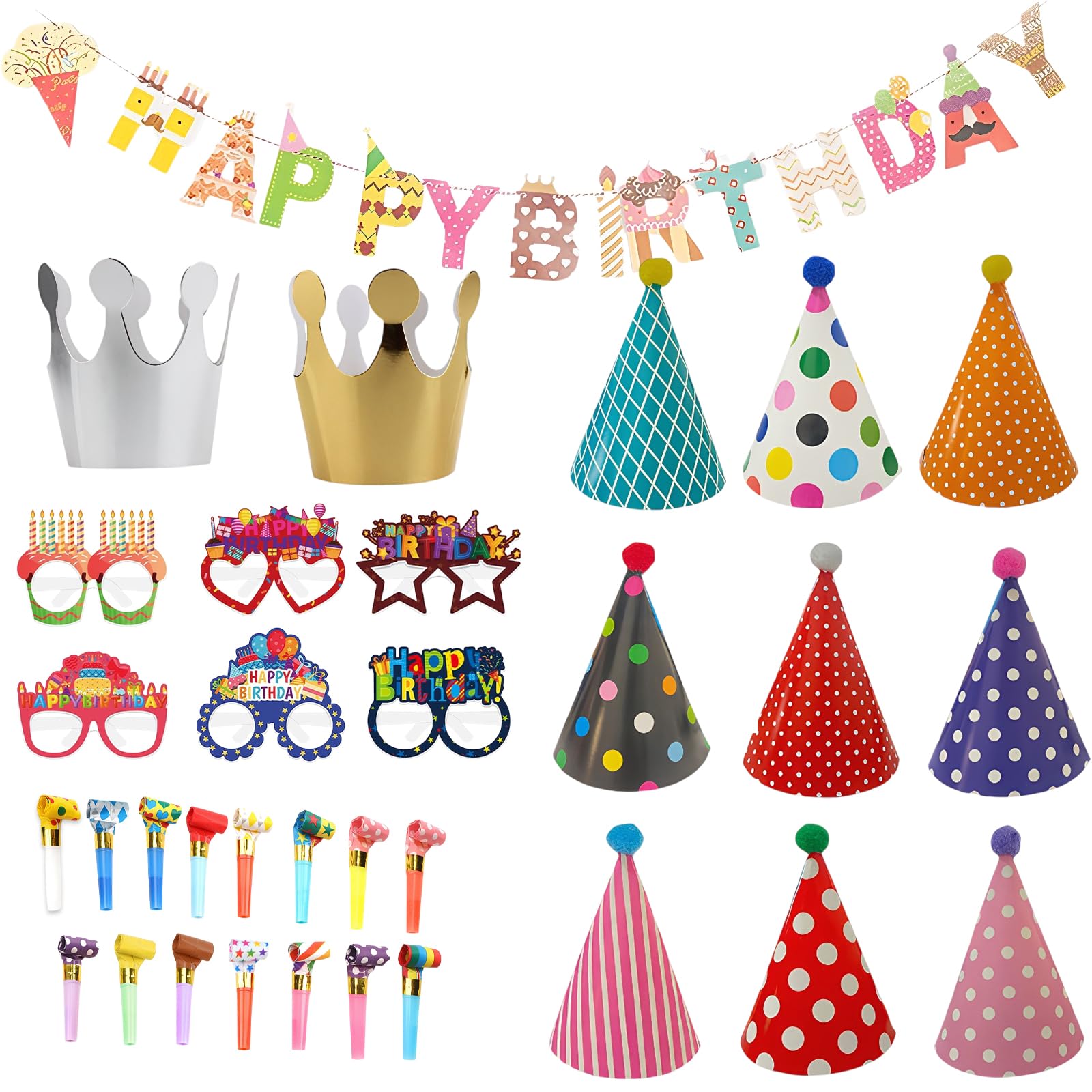 Mnuwore 33 Pcs Party Hats for Adults,Birthday Hat Blowers Glasses Banners