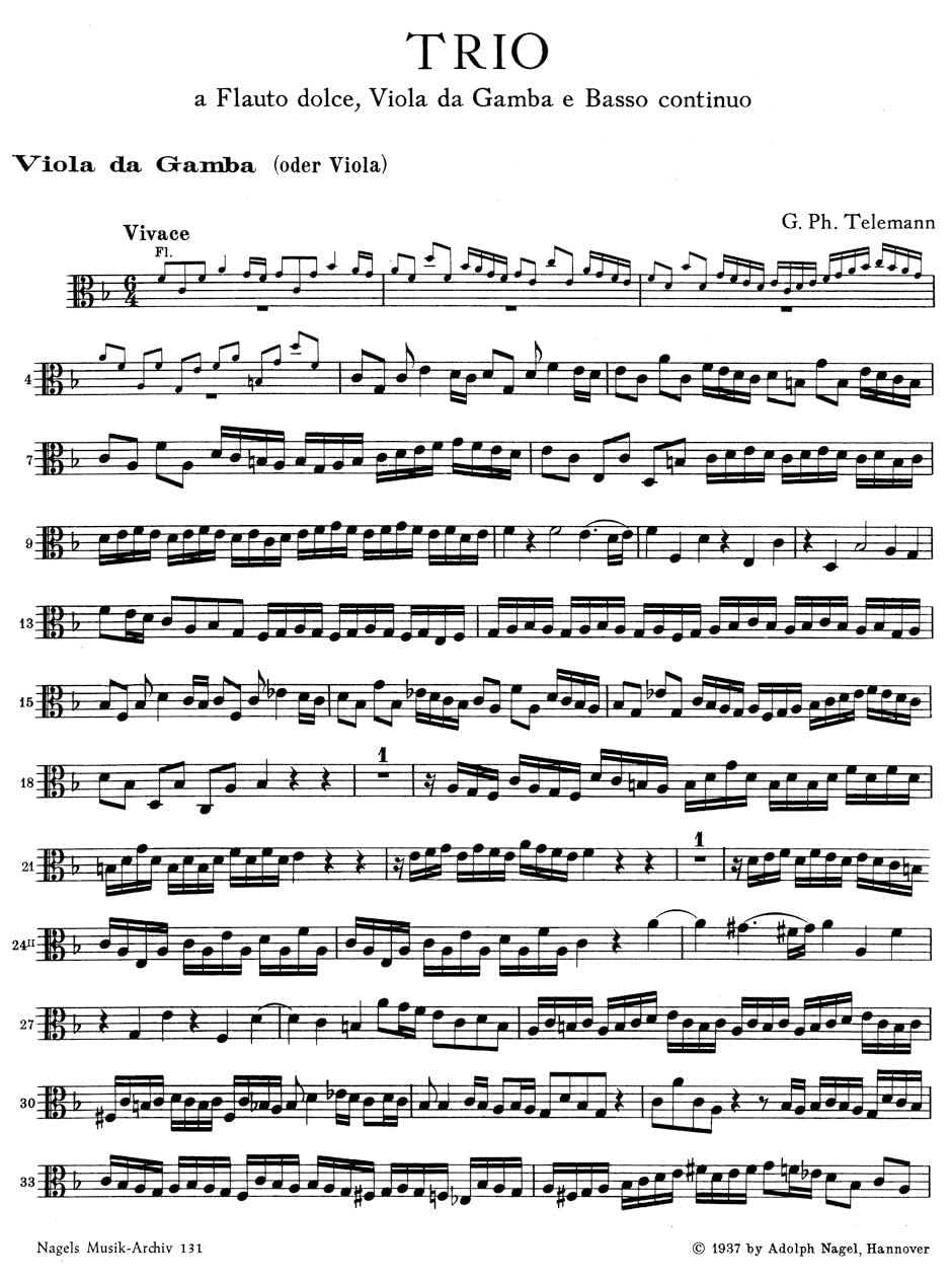 Trio F-Dur aus den 'Essercizii Musici' TWV 43: F 3 fr Altblockflte (oder andere Instrumente), Viola da gamba (Viola, Violoncello) und Basso continuo