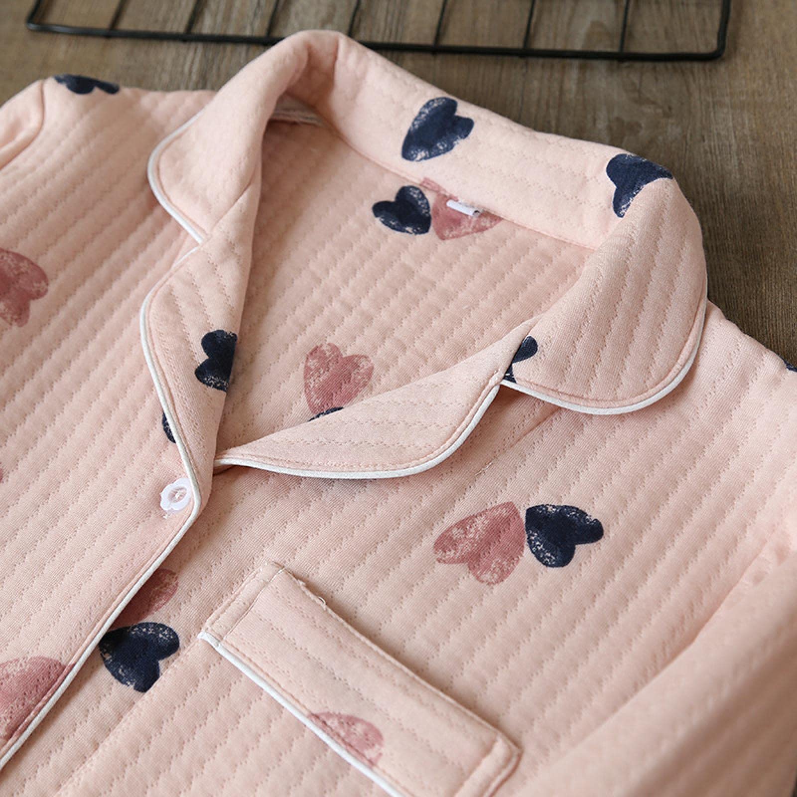 Un Pijama Cómodo Pijamas De Mujer Pijamas De Mujer Conjunto De Pijamas De Mujer De Algodón Puro Grueso De Manga Larga Ropa De Dormir De Mujer Suelta Com,Pinklove-XL
