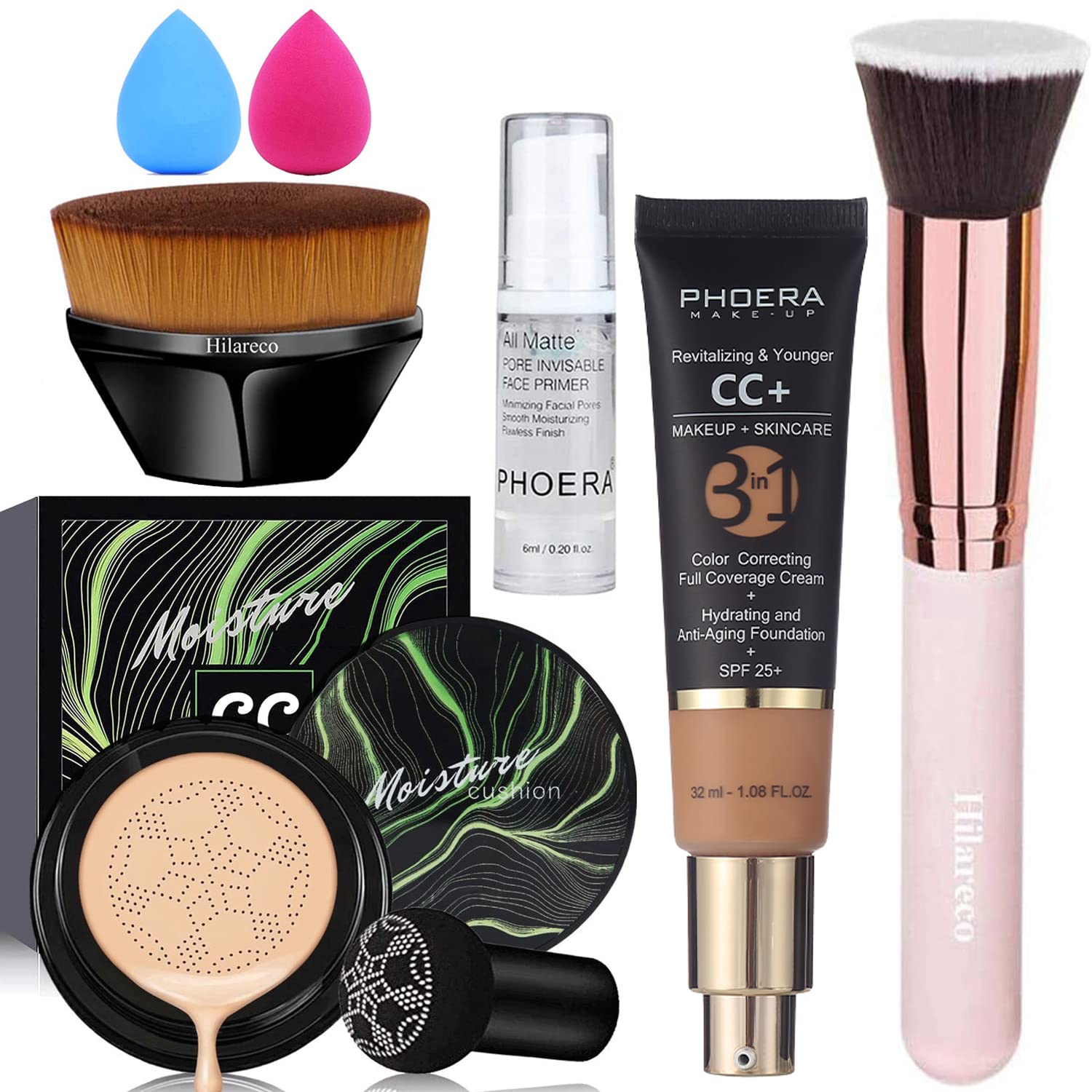 Air Cushion CC Cream Natural Foundation,PHOERA CC+ Cream Color Correcting Anti Aging Hydrating Serum &SPF 25+,PHOERA Primer, Kabuki Brush Foundation