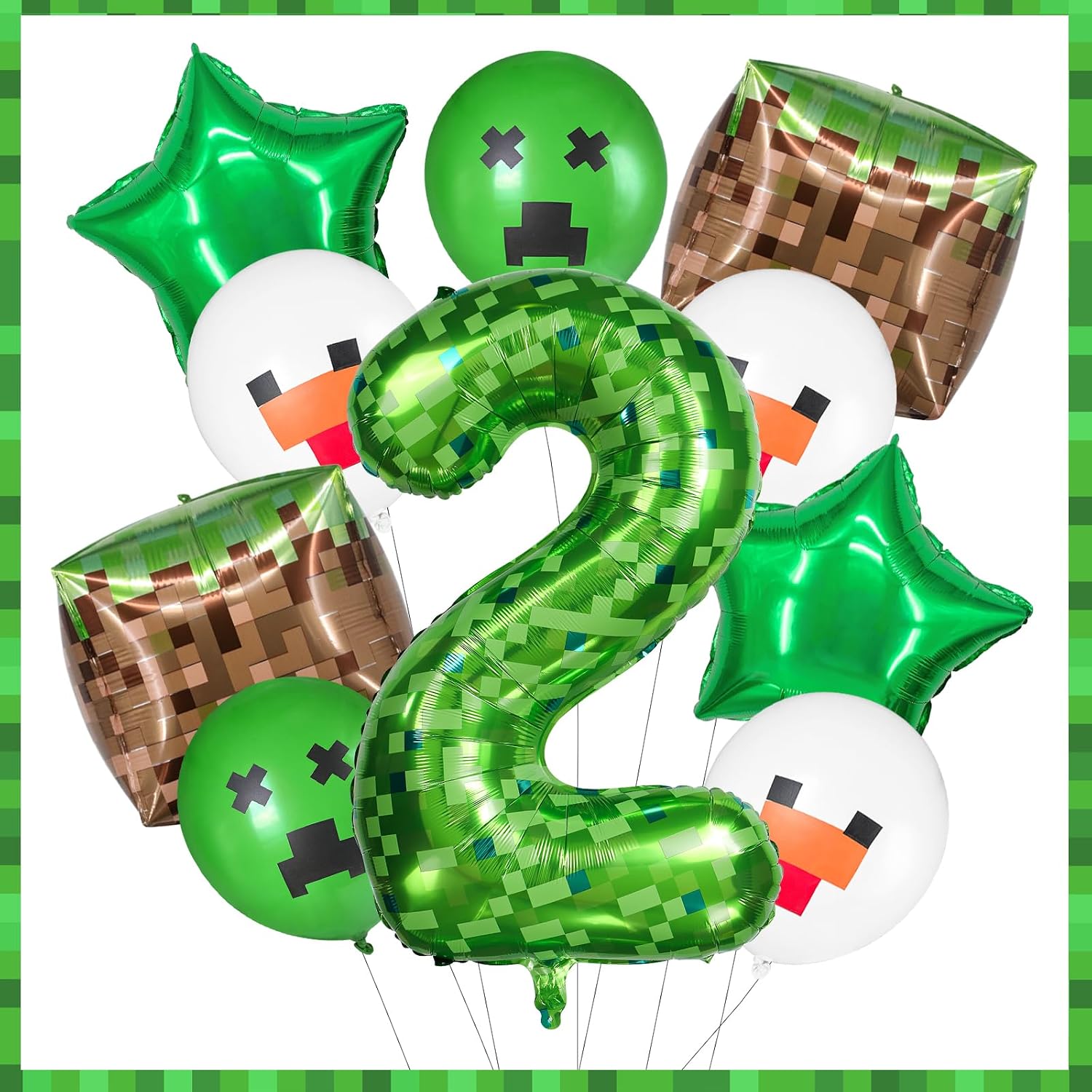 40 Inch Giant Green Pixel Miner Themed Number Foil Balloons, Mining Green Birthday Party Decorations Bundle 0-9 Optional Kids Anniversary Balloon Party Supplies (Number 2)